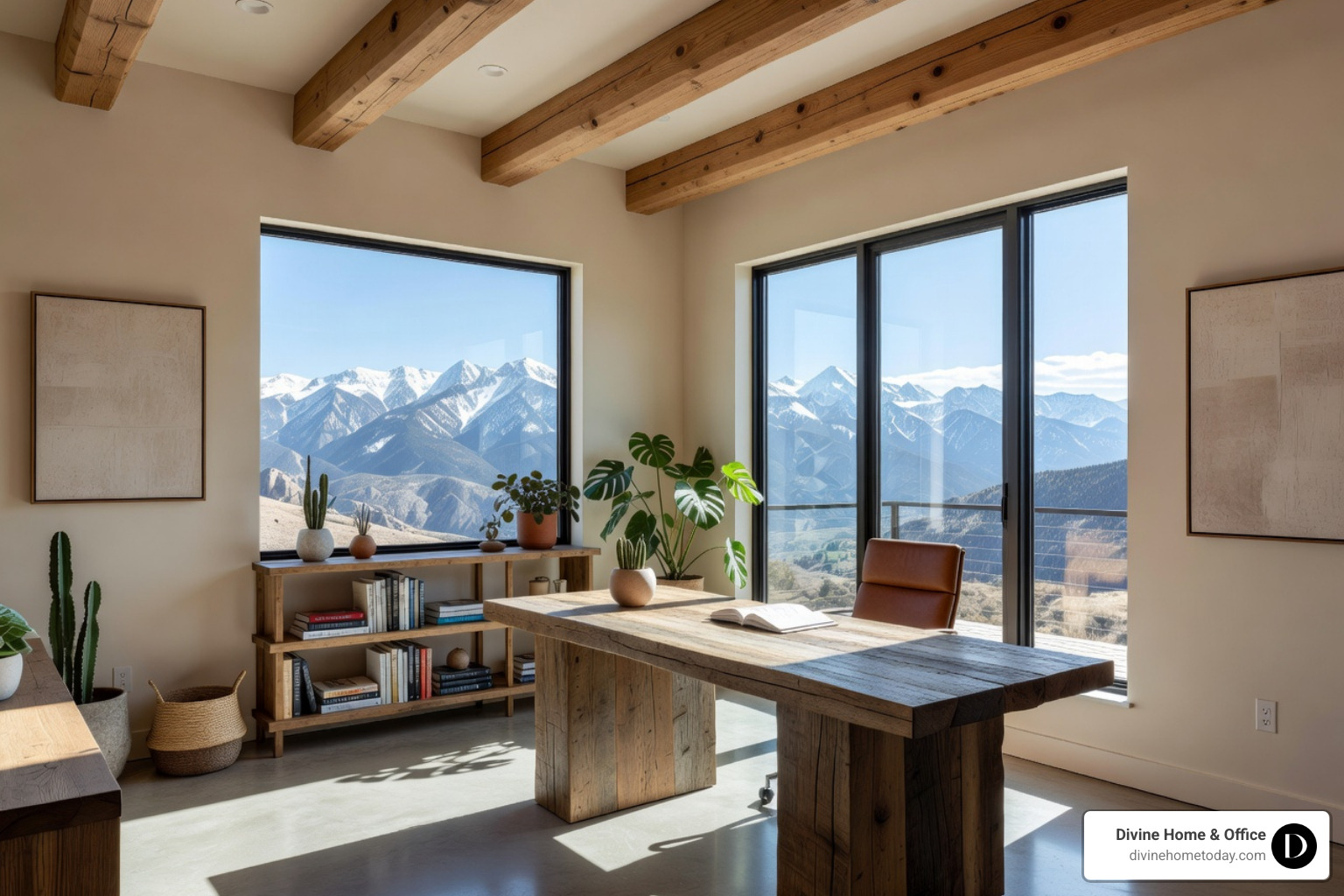 Person using a sleek, ergonomic sit-stand desk in a well-lit Mid-Century Modern home office, featuring natural wood finishes, clean lines, large windows with mountain views, bright natural lighting, and minimal clutter, luxury Colorado setting - modern office design Person using a sleek, ergonomic sit-stand desk in a well-lit Mid-Century Modern home office, featuring natural wood finishes, clean lines, large windows with mountain views, bright natural lighting, and minimal clutter, luxury Colorado setting - modern office design