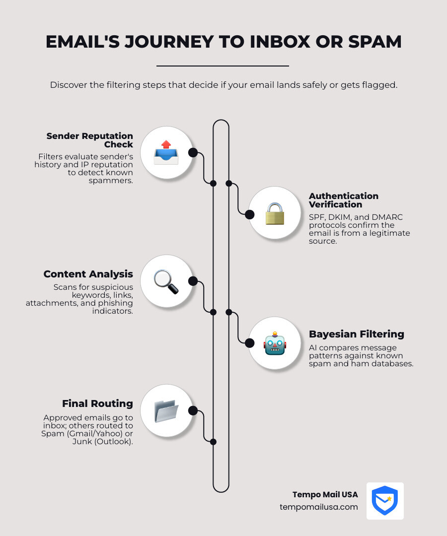 Infographic showing the journey of an email from sender to inbox or spam folder, including filtering steps: sender reputation check, authentication verification (SPF/DKIM/DMARC), content analysis, and final routing to either inbox, spam folder (Gmail/Yahoo), or junk folder (Outlook/Thunderbird), with a side note showing third-party antivirus tools like Norton adding an additional spam folder layer - spam or junk folder infographic infographic-line-5-steps-elegant_beige Infographic showing the journey of an email from sender to inbox or spam folder, including filtering steps: sender reputation check, authentication verification (SPF/DKIM/DMARC), content analysis, and final routing to either inbox, spam folder (Gmail/Yahoo), or junk folder (Outlook/Thunderbird), with a side note showing third-party antivirus tools like Norton adding an additional spam folder layer - spam or junk folder infographic infographic-line-5-steps-elegant_beige