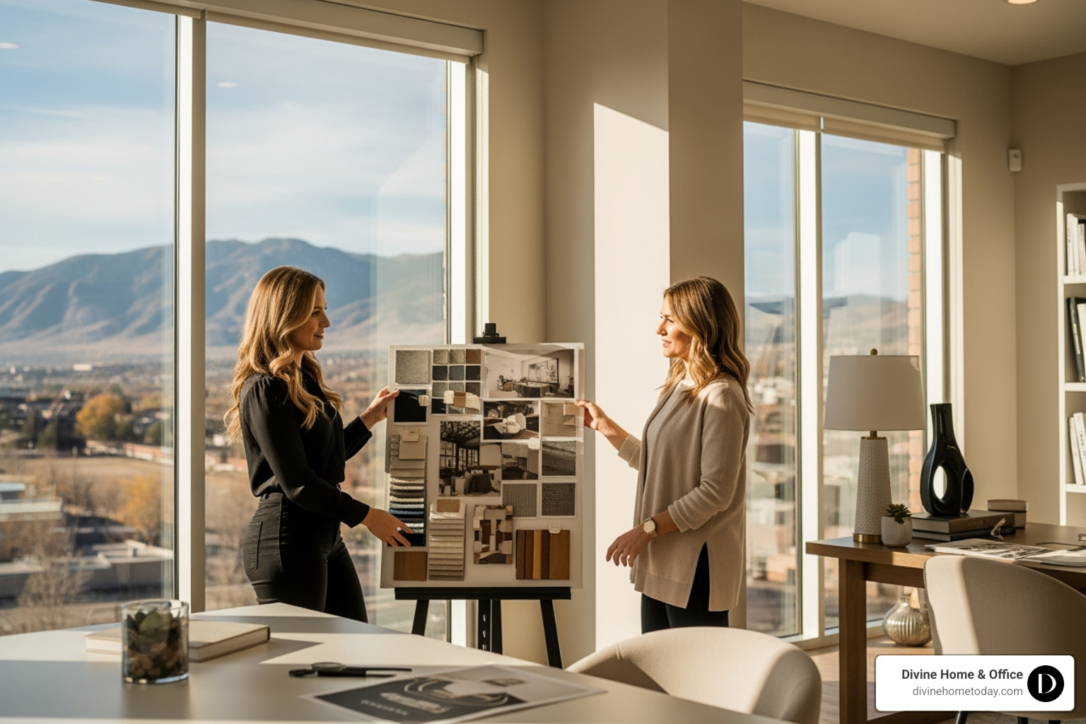Interior designer in a bright Denver studio presenting a mood board with fabric swatches and wood samples to a client - sophisticated tailored decor solutions