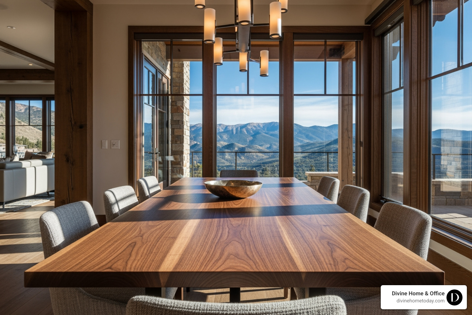 Custom-made solid wood dining table in a luxury Denver home, walnut finish with natural grain, surrounded by modern upholstered chairs and large windows with mountain views - sophisticated tailored decor solutions