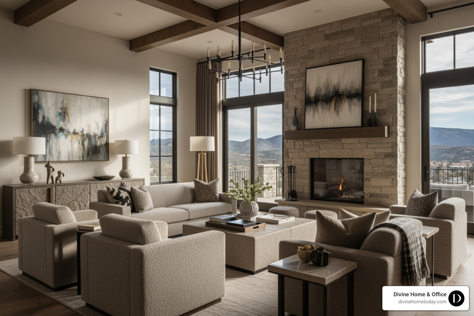 Neutral-toned luxury living room in a Denver home featuring rich textures like velvet and boucle, a large stone fireplace, and floor-to-ceiling windows showing the foothills - sophisticated tailored decor solutions
