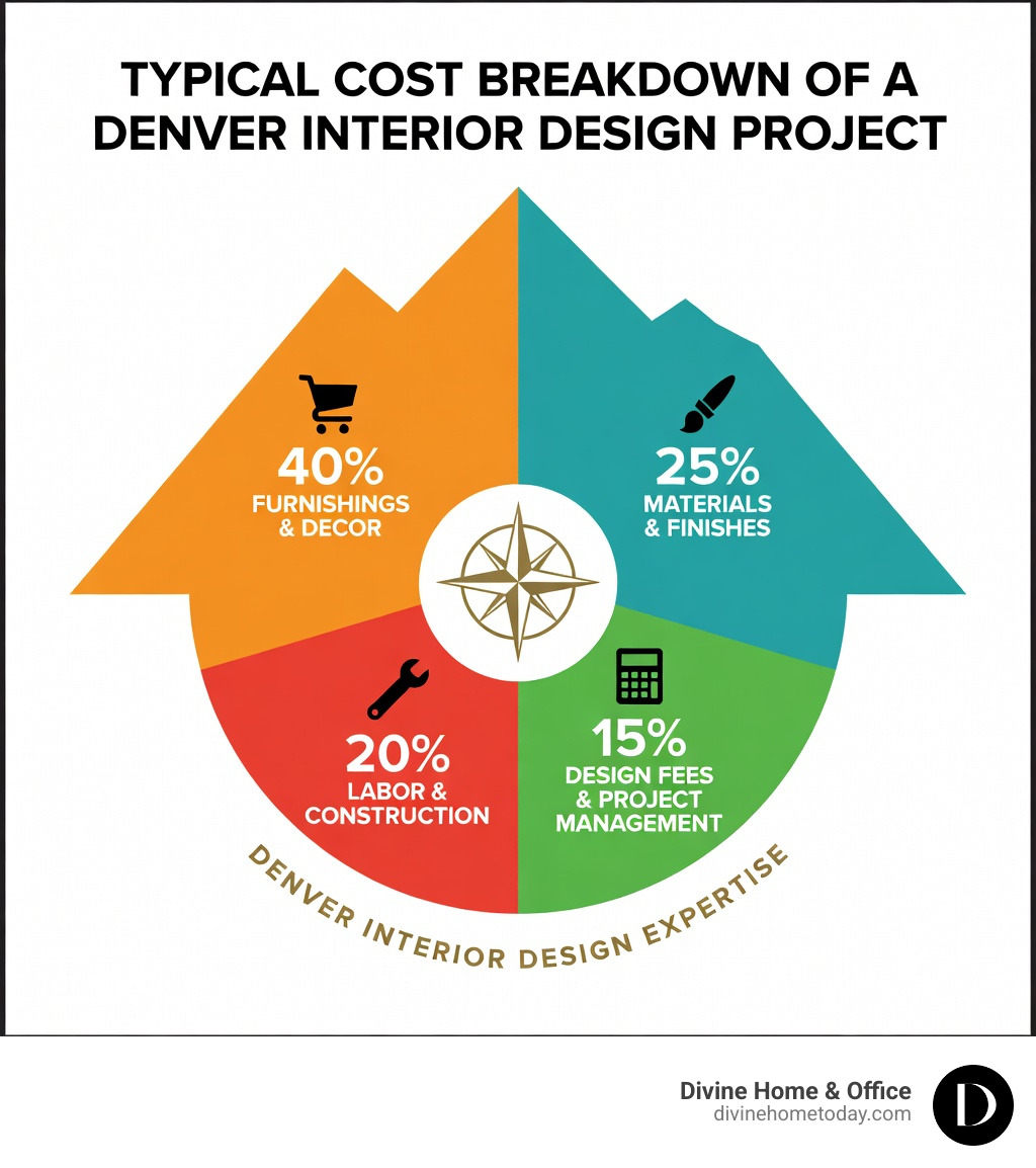 Infographic showing the typical cost breakdown of a Denver interior design project: 40% furnishings and decor, 25% materials and finishes, 20% labor and construction, 15% design fees and project management. - interior design Denver infographic Infographic showing the typical cost breakdown of a Denver interior design project: 40% furnishings and decor, 25% materials and finishes, 20% labor and construction, 15% design fees and project management. - interior design Denver infographic