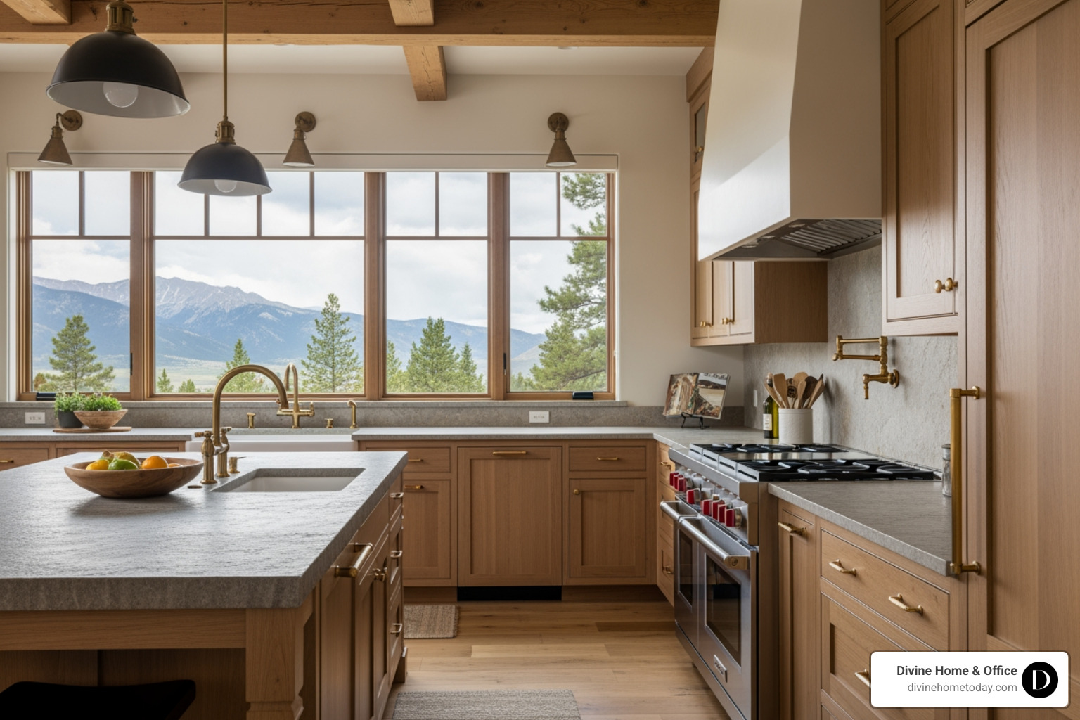 High-end modern mountain kitchen in a million-dollar Denver home, stone countertops, natural wood cabinetry, brass hardware, exposed beams, natural textures, large windows with Colorado mountain views, bright natural lighting, warm neutral palette, no Victorian or traditional elements. - interior design Denver High-end modern mountain kitchen in a million-dollar Denver home, stone countertops, natural wood cabinetry, brass hardware, exposed beams, natural textures, large windows with Colorado mountain views, bright natural lighting, warm neutral palette, no Victorian or traditional elements. - interior design Denver