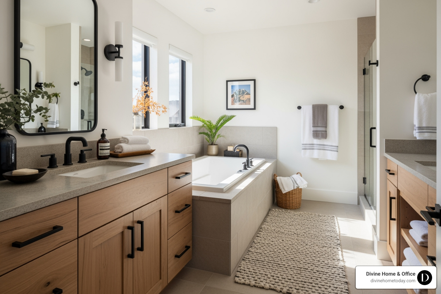 Spa-like modern mountain bathroom in a Denver luxury home, stone counters, natural wood vanity, matte black hardware, soaking tub, warm textures, bright natural light, subtle Colorado cues, no ornate or classical styles. - interior design Denver Spa-like modern mountain bathroom in a Denver luxury home, stone counters, natural wood vanity, matte black hardware, soaking tub, warm textures, bright natural light, subtle Colorado cues, no ornate or classical styles. - interior design Denver
