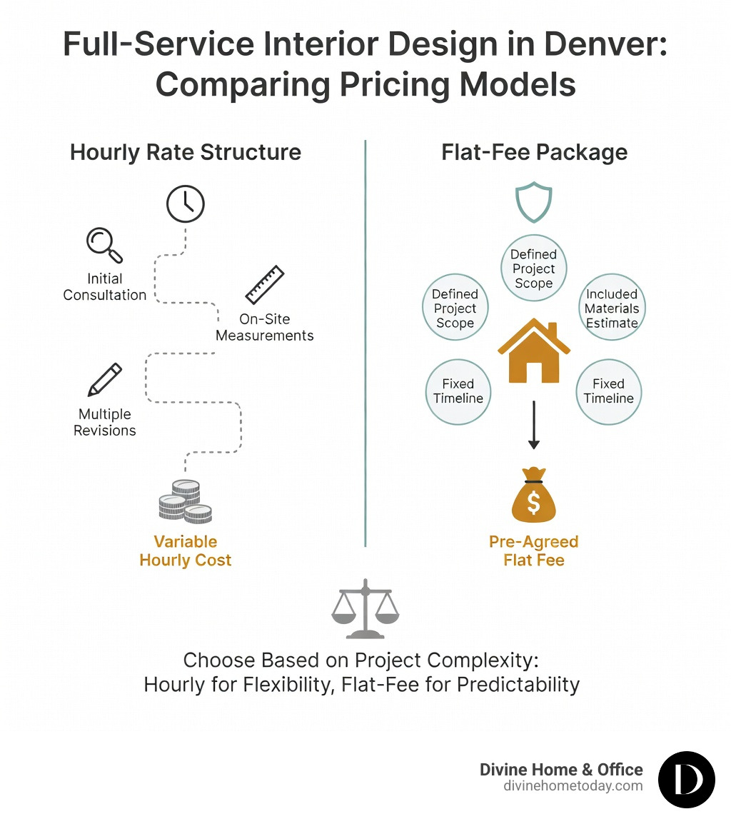 Table comparing hourly vs flat fee models for interior design services - Full service design Denver infographic 