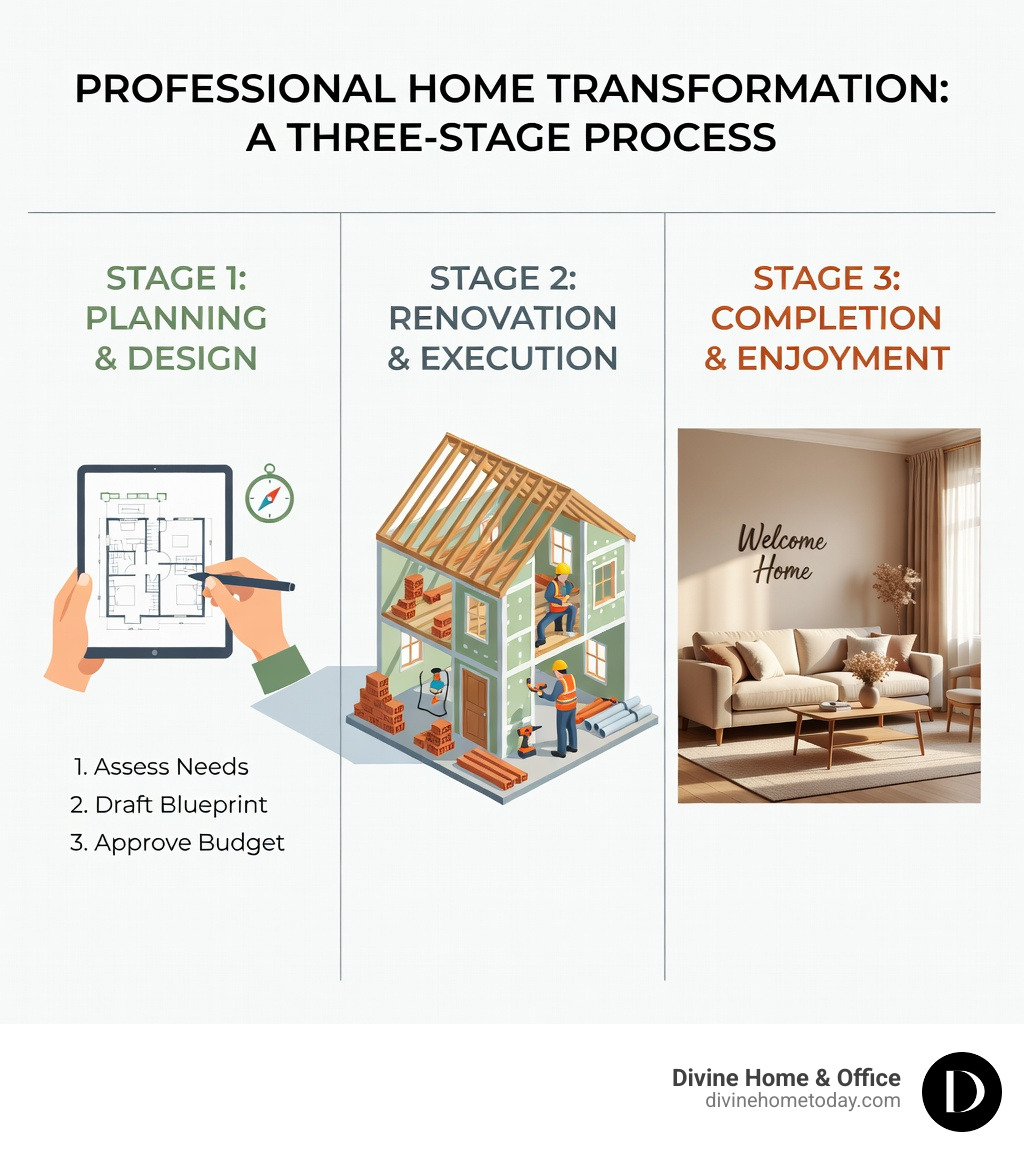 infographic showing the professional home transformation lifecycle from initial consultation through design, permits, construction, inspections, and final handover with timelines for each phase - Professional home transformation infographic 