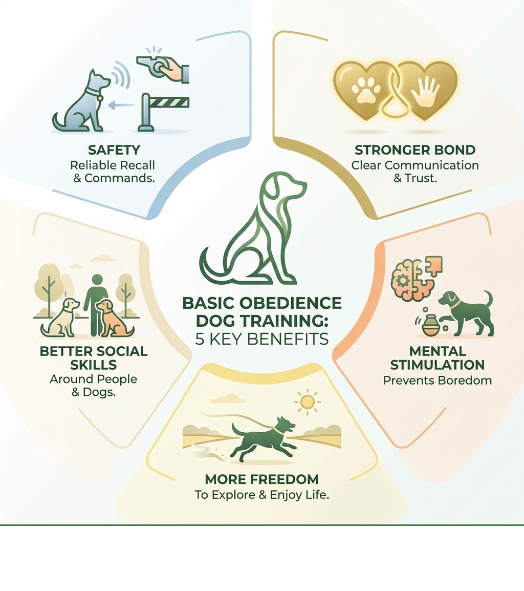 infographic showing five key benefits of basic obedience training: Safety through reliable recall and commands, Stronger Bond through clear communication and trust, Mental Stimulation preventing boredom and destructive behaviors, Better Social Skills around people and other dogs, and More Freedom to explore and enjoy life together - basic obedience dog training infographic showing five key benefits of basic obedience training: Safety through reliable recall and commands, Stronger Bond through clear communication and trust, Mental Stimulation preventing boredom and destructive behaviors, Better Social Skills around people and other dogs, and More Freedom to explore and enjoy life together - basic obedience dog training