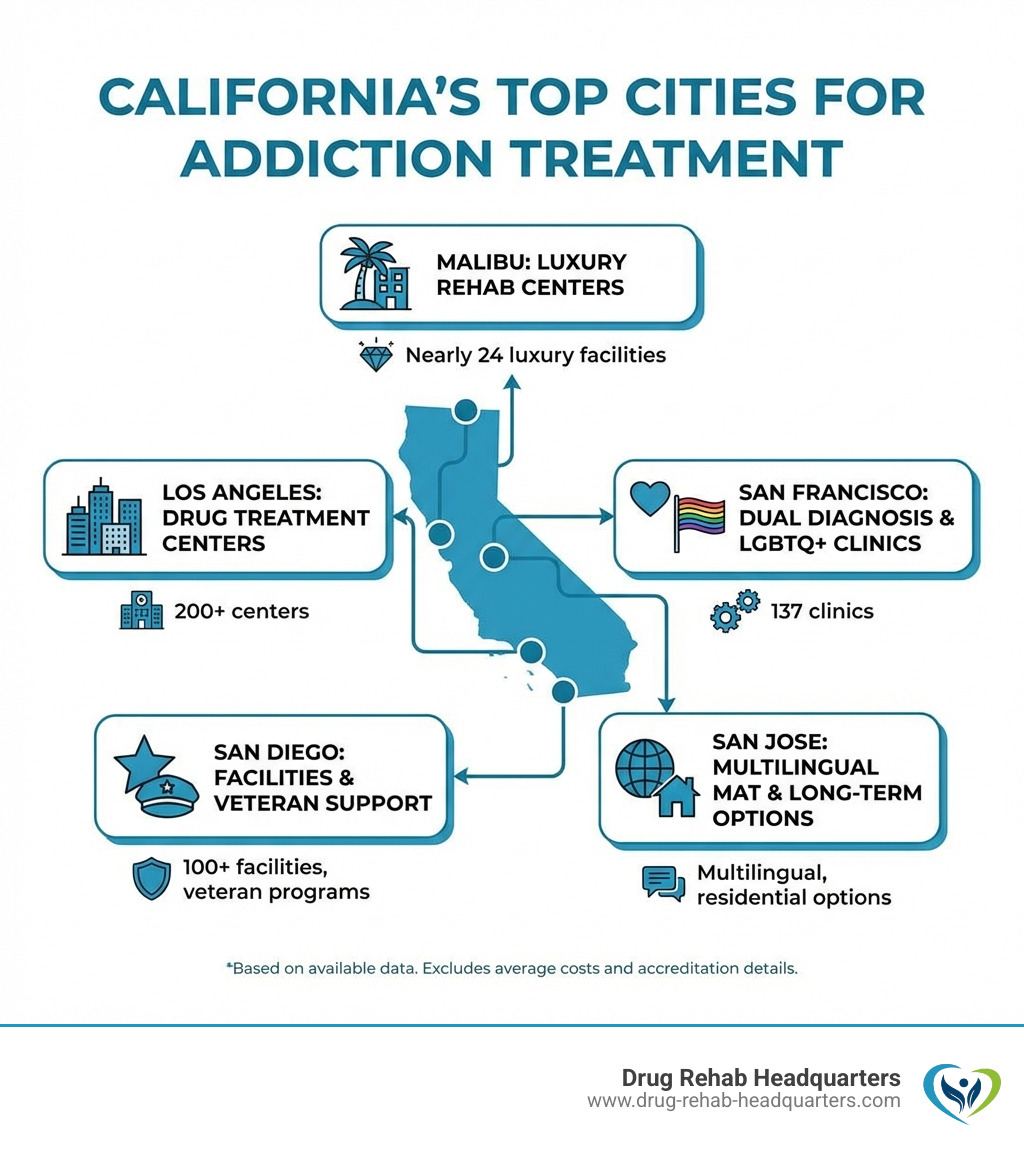 Infographic showing the 5 best cities for addiction treatment in California with key stats: Malibu with nearly 24 luxury rehab centers, Los Angeles with 200+ drug treatment centers, San Diego with 100+ facilities and veteran support programs, San Francisco with 137 dual diagnosis and LGBTQ+ clinics, and San Jose with multilingual MAT and long-term residential options, alongside average treatment costs and accreditation standards - best cities for addiction treatment in california infographic pillar-5-steps