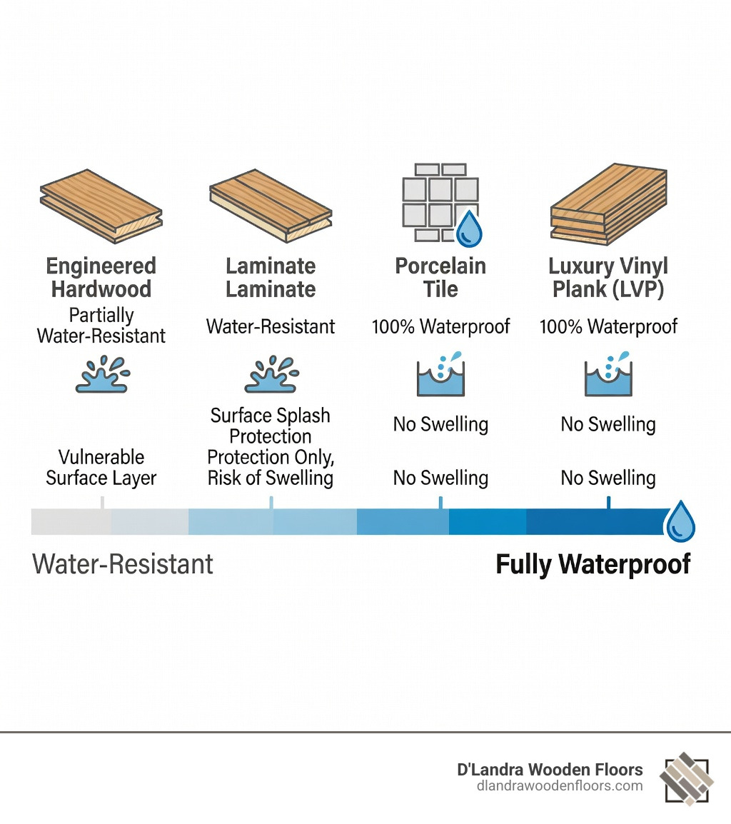 Infographic comparing waterproof vs water-resistant flooring: showing LVP and porcelain tile as 100% waterproof with full submersion protection and no swelling, laminate as water-resistant with surface splash protection only and risk of swelling if water penetrates, and engineered hardwood as partially water-resistant with a waterproof core but vulnerable surface layer, including icons for each flooring type and a rating scale from water-resistant to fully waterproof - waterproof scratch-proof flooring infographic 