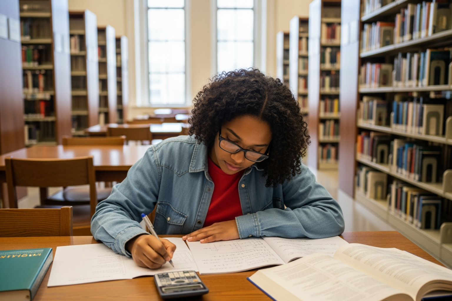 A student in a Brooklyn library using a scientific calculator to solve an algebra problem - pemdas
