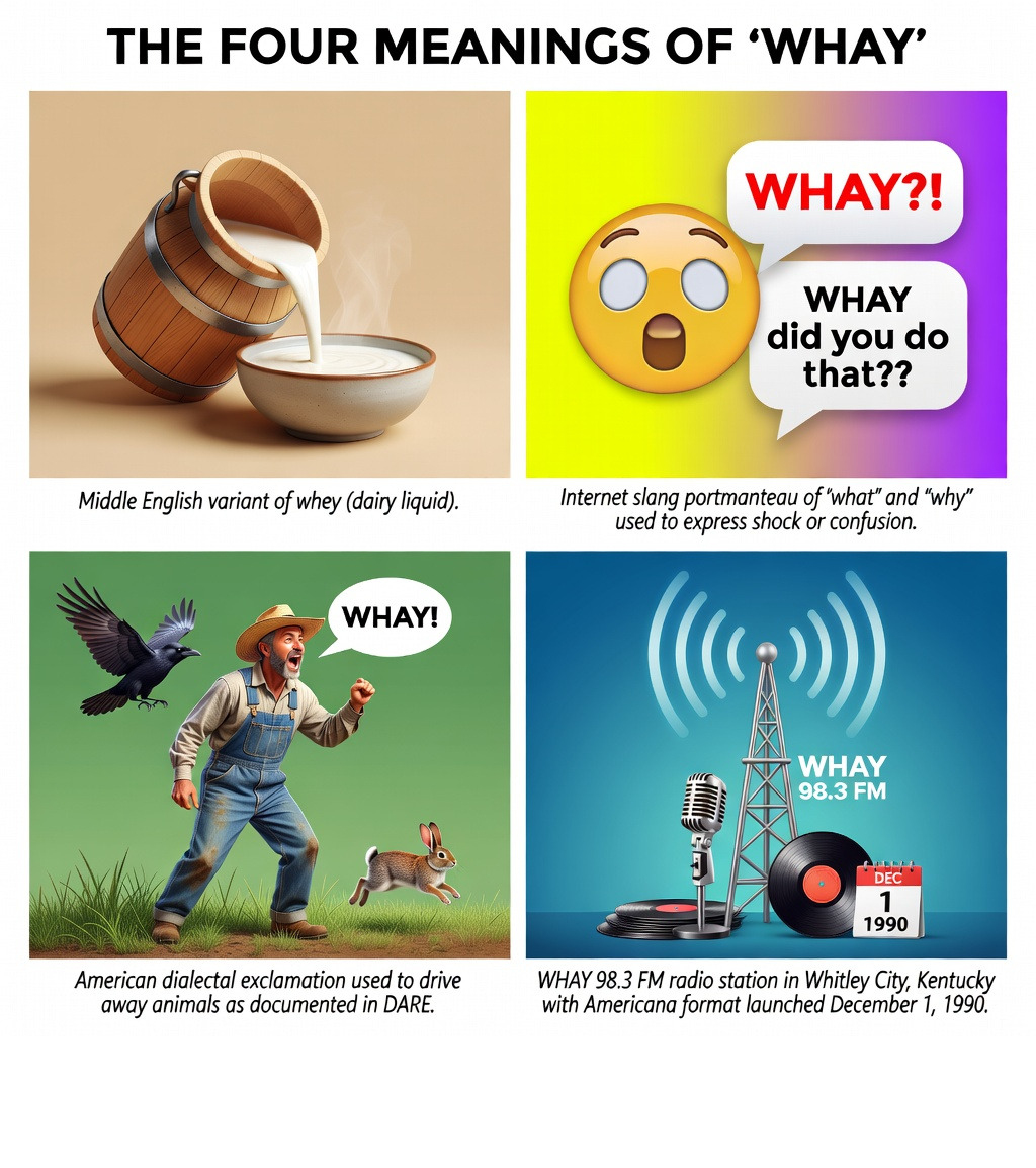 Infographic showing the four primary meanings of "whay": 1) Middle English variant of whey (dairy liquid), 2) Internet slang portmanteau of what and why used to express shock or confusion with example text bubbles, 3) American dialectal exclamation used to drive away animals as documented in DARE, 4) WHAY 98.3 FM radio station in Whitley City Kentucky with Americana format launched December 1 1990 - whay infographic 