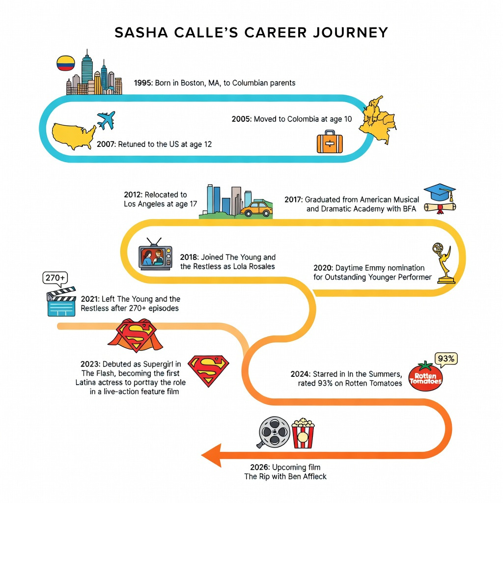 Infographic showing Sasha Calle's career timeline: 1995 born in Boston to Colombian parents; age 10 moved to Colombia; age 12 returned to US; age 17 relocated to LA; 2017 graduated American Musical and Dramatic Academy with BFA; 2018 joined The Young and the Restless as Lola Rosales; 2020 Daytime Emmy nomination; 2021 left the soap after 270+ episodes; 2023 debuted as Supergirl in The Flash as first Latina to play the role; 2024 starred in In the Summers rated 93% on Rotten Tomatoes; 2026 upcoming film The Rip with Ben Affleck - sasha calle infographic 