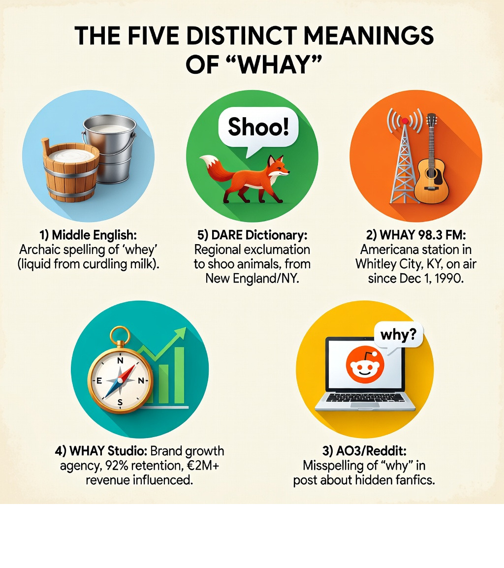 Infographic showing the five distinct meanings of whay: 1) Middle English spelling of whey (dairy liquid), 2) WHAY 98.3 FM radio station in Whitley City Kentucky (Americana format, on air since December 1 1990), 3) AO3 Reddit post asking why fanfics are hidden in unrevealed collections, 4) Whay Studio a brand growth agency with 92% client retention and €2M+ revenue influenced, 5) DARE dictionary regional exclamation used in New England and New York to drive away animals - whay infographic Infographic showing the five distinct meanings of whay: 1) Middle English spelling of whey (dairy liquid), 2) WHAY 98.3 FM radio station in Whitley City Kentucky (Americana format, on air since December 1 1990), 3) AO3 Reddit post asking why fanfics are hidden in unrevealed collections, 4) Whay Studio a brand growth agency with 92% client retention and €2M+ revenue influenced, 5) DARE dictionary regional exclamation used in New England and New York to drive away animals - whay infographic