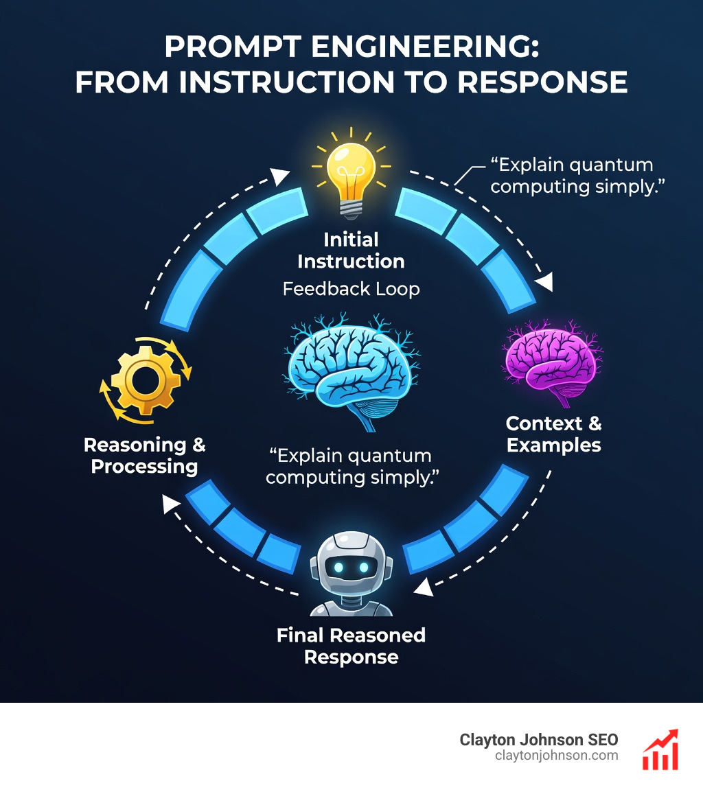 A logic flow diagram illustrating how a prompt moves from initial instruction through context and examples to a final reasoned response - Prompt Engineering