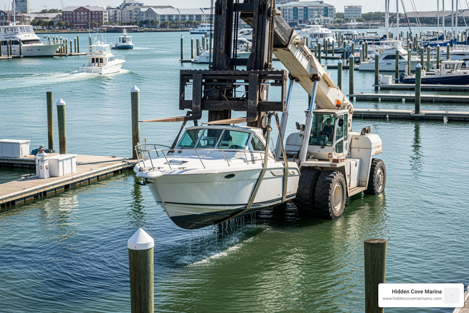 Dry stack forklift lifting a boat - charleston marina boat storage
