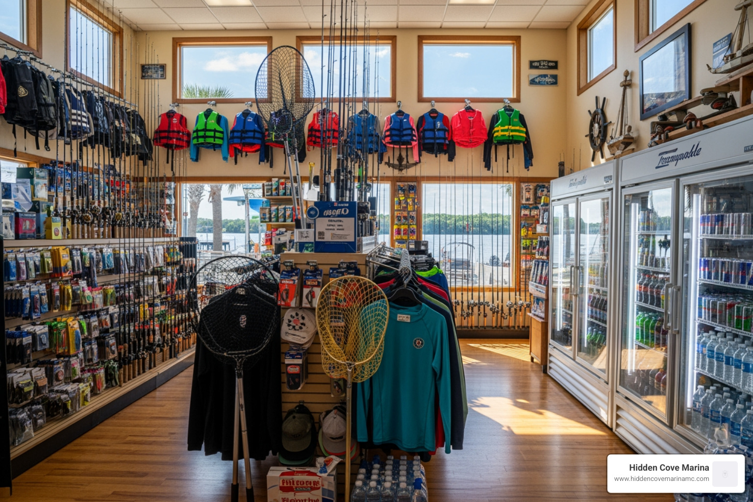 A fully stocked marina retail shop featuring rows of fishing tackle, boating apparel, and coolers filled with refreshments - ships store lake moultrie A fully stocked marina retail shop featuring rows of fishing tackle, boating apparel, and coolers filled with refreshments - ships store lake moultrie