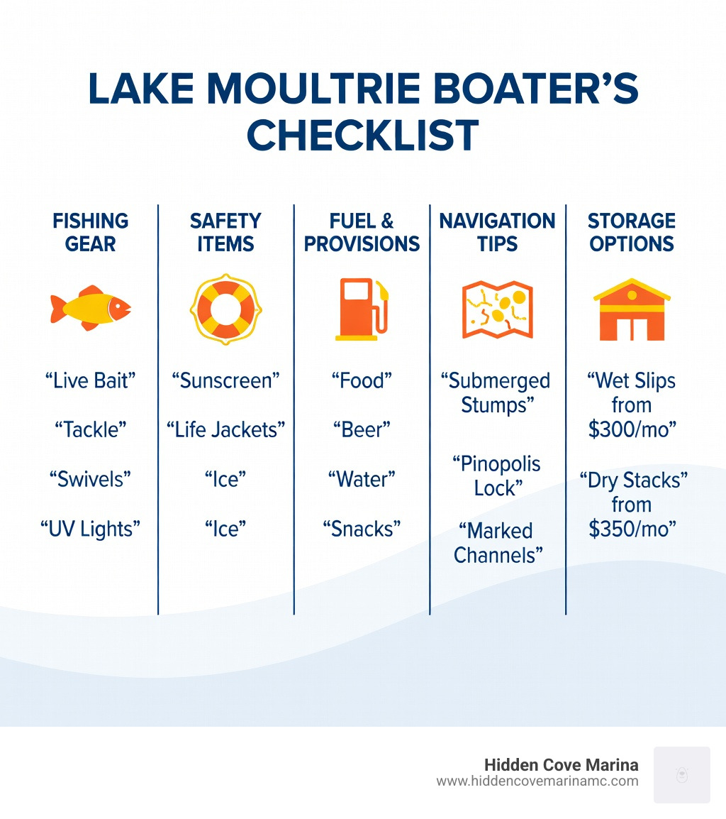 Infographic showing a pre-departure checklist for Lake Moultrie boaters, including sections for fishing gear (live bait, tackle, swivels, UV lights), safety items (sunscreen, life jackets, ice), fuel and provisions (food, beer, water, snacks), navigation tips (submerged stumps, Pinopolis Lock, marked channels), and storage options (wet slips from $300/mo, dry stacks from $350/mo) — all available at Hidden Cove Marina Ship's Store on the Cooper River - ships store lake moultrie infographic Infographic showing a pre-departure checklist for Lake Moultrie boaters, including sections for fishing gear (live bait, tackle, swivels, UV lights), safety items (sunscreen, life jackets, ice), fuel and provisions (food, beer, water, snacks), navigation tips (submerged stumps, Pinopolis Lock, marked channels), and storage options (wet slips from $300/mo, dry stacks from $350/mo) — all available at Hidden Cove Marina Ship's Store on the Cooper River - ships store lake moultrie infographic