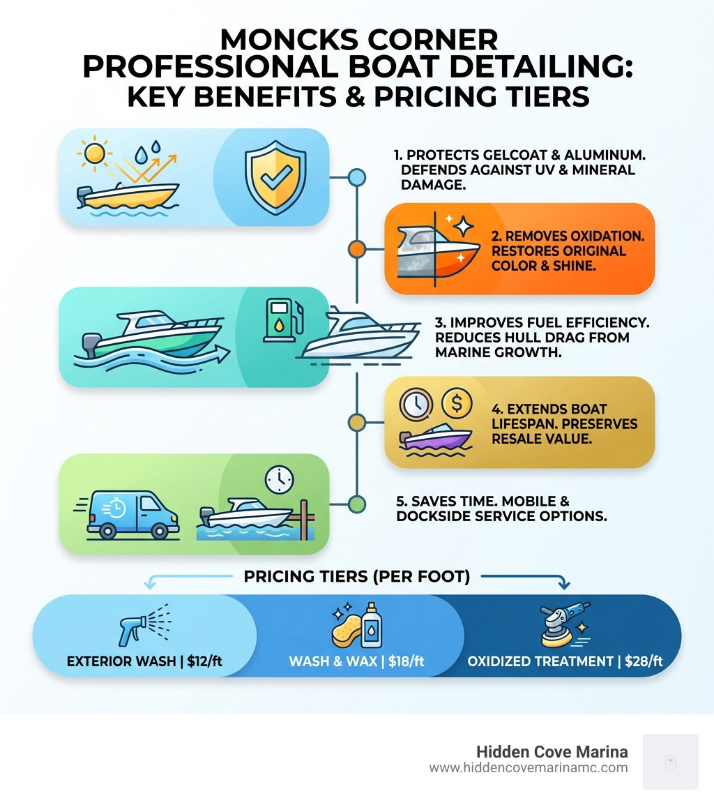 Infographic showing the benefits of professional boat detailing in Moncks Corner: 5 key benefits listed vertically - 1. Protects gelcoat and aluminum from UV and mineral damage, 2. Removes oxidation and restores original color and shine, 3. Improves fuel efficiency by reducing hull drag from marine growth, 4. Extends boat lifespan and preserves resale value, 5. Saves time with mobile and dockside service options; includes a pricing tier bar showing exterior wash at $12/ft, wash and wax at $18/ft, and oxidized treatment at $28/ft - moncks corner boat cleaning infographic Infographic showing the benefits of professional boat detailing in Moncks Corner: 5 key benefits listed vertically - 1. Protects gelcoat and aluminum from UV and mineral damage, 2. Removes oxidation and restores original color and shine, 3. Improves fuel efficiency by reducing hull drag from marine growth, 4. Extends boat lifespan and preserves resale value, 5. Saves time with mobile and dockside service options; includes a pricing tier bar showing exterior wash at $12/ft, wash and wax at $18/ft, and oxidized treatment at $28/ft - moncks corner boat cleaning infographic