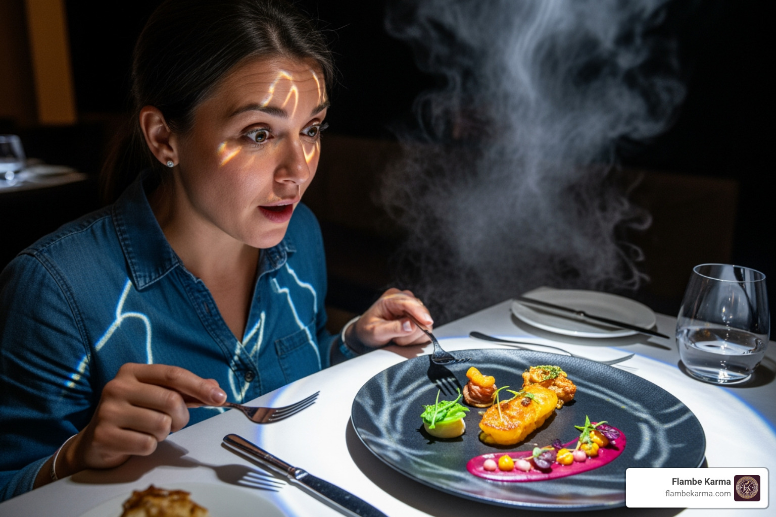 a diner experiencing unique sensory elements at a table with artistic lighting and vibrant food - unique restaurant experiences near me