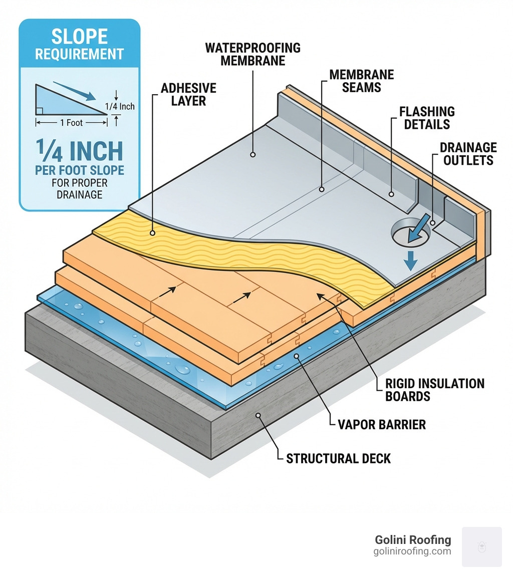 Step-by-step flat roof installation process infographic showing 7 layers from structural deck at the bottom to waterproofing membrane at the top, with labels for vapor barrier, rigid insulation boards, adhesive layer, membrane seams, flashing details, and drainage outlets, plus a sidebar showing the 1/4 inch per foot slope requirement - flat roof installation process infographic Step-by-step flat roof installation process infographic showing 7 layers from structural deck at the bottom to waterproofing membrane at the top, with labels for vapor barrier, rigid insulation boards, adhesive layer, membrane seams, flashing details, and drainage outlets, plus a sidebar showing the 1/4 inch per foot slope requirement - flat roof installation process infographic
