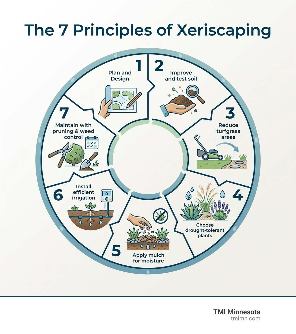 Infographic showing the seven principles of xeriscaping: 1. Plan and Design your layout, 2. Improve and test your soil, 3. Reduce turfgrass areas, 4. Choose drought-tolerant plants suited to your climate, 5. Apply mulch to retain moisture and suppress weeds, 6. Install efficient irrigation like drip systems, 7. Maintain your xeriscape with seasonal pruning and weed control — each principle shown as a numbered step in a circular flow diagram with icons representing plants, water drops, soil, and garden tools - xeriscaping ideas infographic Infographic showing the seven principles of xeriscaping: 1. Plan and Design your layout, 2. Improve and test your soil, 3. Reduce turfgrass areas, 4. Choose drought-tolerant plants suited to your climate, 5. Apply mulch to retain moisture and suppress weeds, 6. Install efficient irrigation like drip systems, 7. Maintain your xeriscape with seasonal pruning and weed control — each principle shown as a numbered step in a circular flow diagram with icons representing plants, water drops, soil, and garden tools - xeriscaping ideas infographic