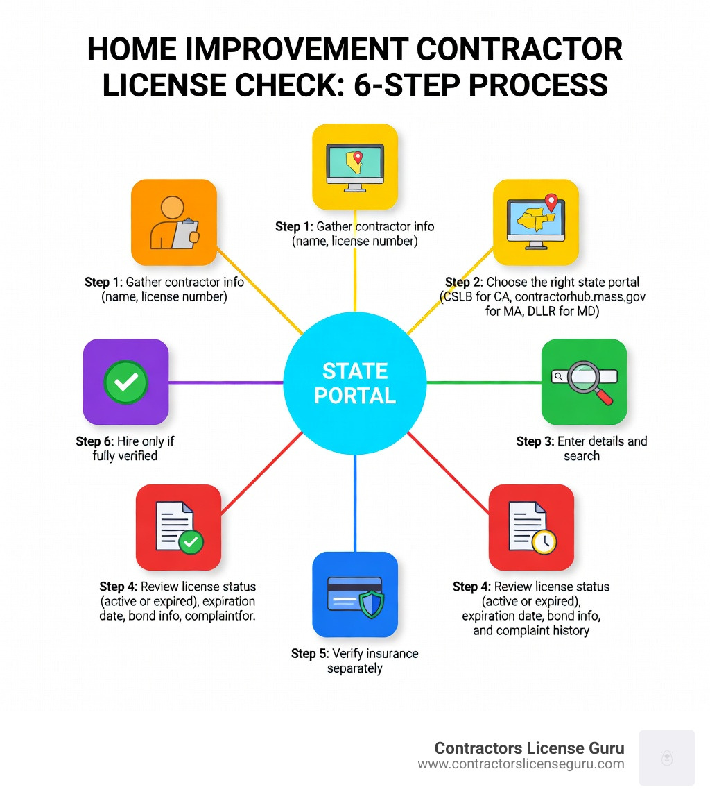 Step-by-step infographic showing the home improvement contractor license check process: Step 1 - Gather contractor info (name, license number); Step 2 - Choose the right state portal (CSLB for CA, contractorhub.mass.gov for MA, DLLR for MD); Step 3 - Enter details and search; Step 4 - Review license status (active or expired), expiration date, bond info, and complaint history; Step 5 - Verify insurance separately; Step 6 - Hire only if fully verified - home improvement contractor license check infographic 