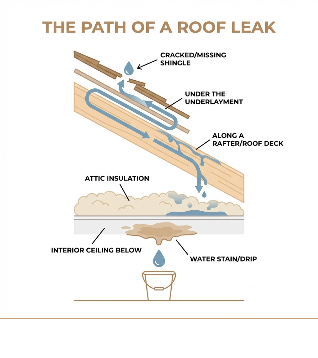 Infographic showing the path of a roof leak: starting at a cracked or missing shingle on the roof surface, traveling under the underlayment, along a rafter or roof deck, dripping onto attic insulation, and finally appearing as a water stain or drip on the interior ceiling below - roof leak repair infographic Infographic showing the path of a roof leak: starting at a cracked or missing shingle on the roof surface, traveling under the underlayment, along a rafter or roof deck, dripping onto attic insulation, and finally appearing as a water stain or drip on the interior ceiling below - roof leak repair infographic