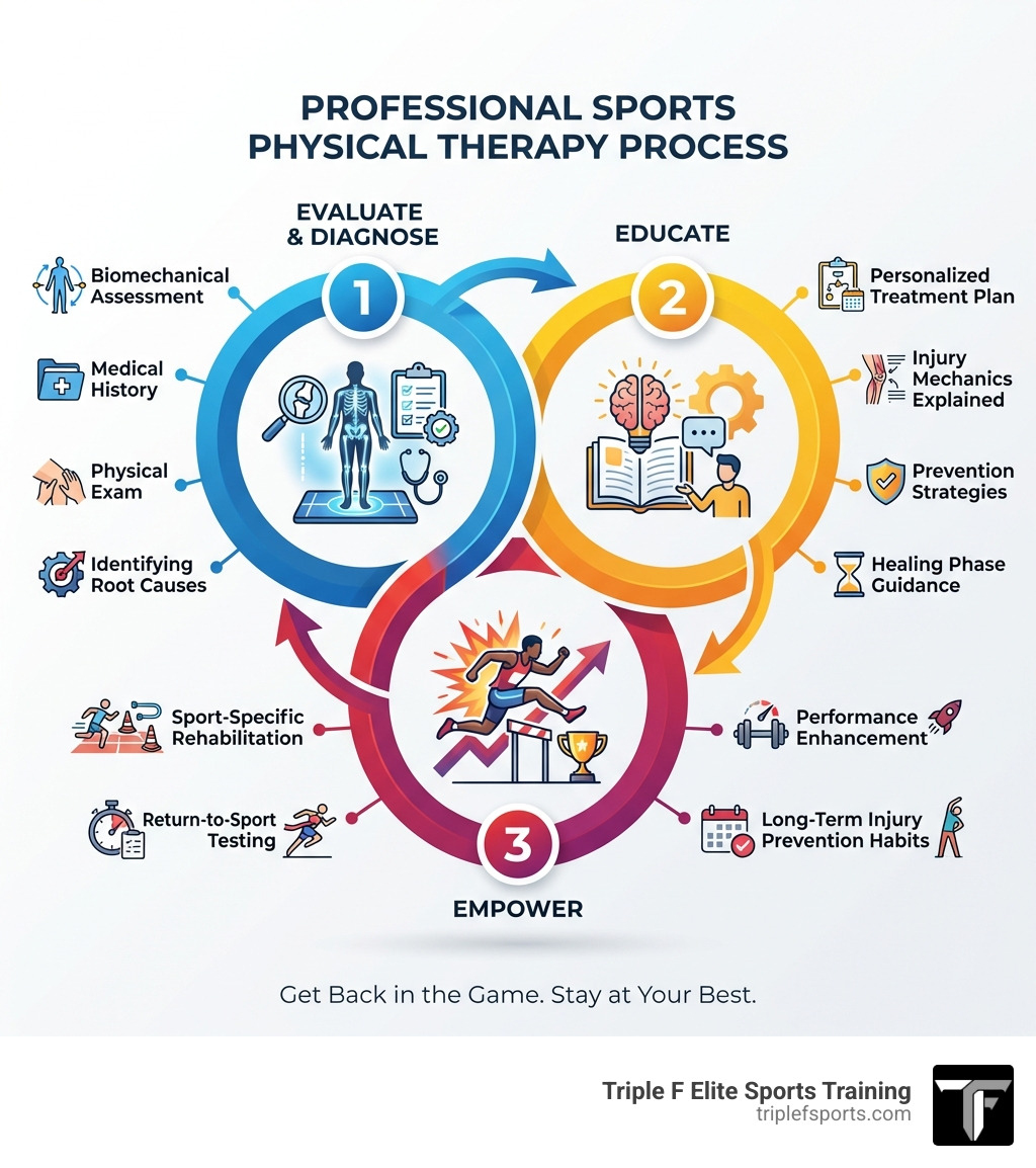 Infographic showing the 3-step professional sports physical therapy process: Step 1 - Evaluate and Diagnose (biomechanical assessment, medical history, physical exam, identifying root causes); Step 2 - Educate (personalized treatment plan, injury mechanics explained, prevention strategies, healing phase guidance); Step 3 - Empower (sport-specific rehabilitation, return-to-sport testing, performance enhancement, long-term injury prevention habits) - professional sports physical therapy infographic Infographic showing the 3-step professional sports physical therapy process: Step 1 - Evaluate and Diagnose (biomechanical assessment, medical history, physical exam, identifying root causes); Step 2 - Educate (personalized treatment plan, injury mechanics explained, prevention strategies, healing phase guidance); Step 3 - Empower (sport-specific rehabilitation, return-to-sport testing, performance enhancement, long-term injury prevention habits) - professional sports physical therapy infographic
