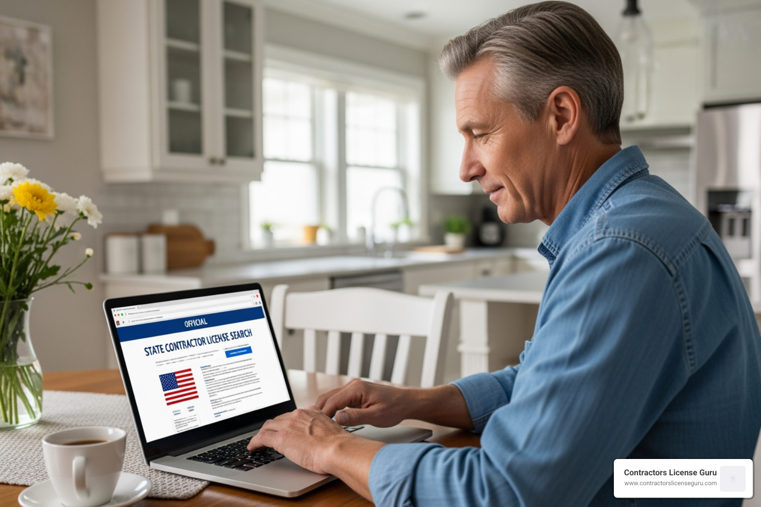 A homeowner using a laptop to access an official state license search portal - home improvement contractor license check