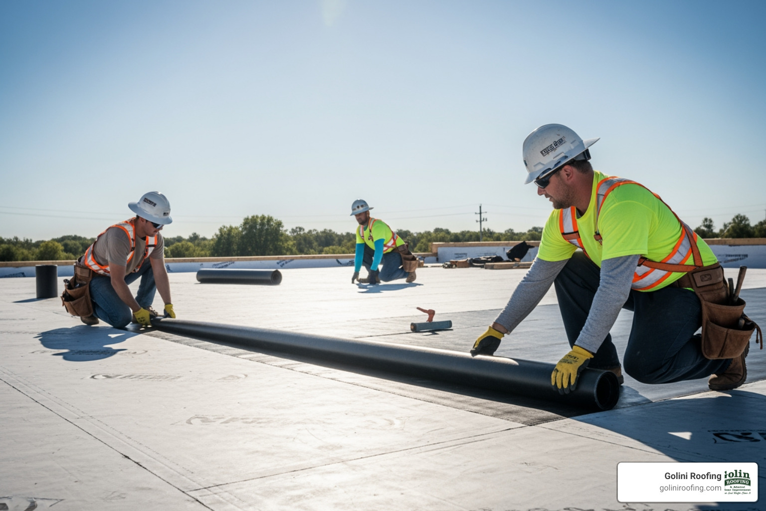 Professional roofers laying a large waterproofing membrane on a prepared flat roof deck, ensuring smooth application without wrinkles - flat roof installation process Professional roofers laying a large waterproofing membrane on a prepared flat roof deck, ensuring smooth application without wrinkles - flat roof installation process