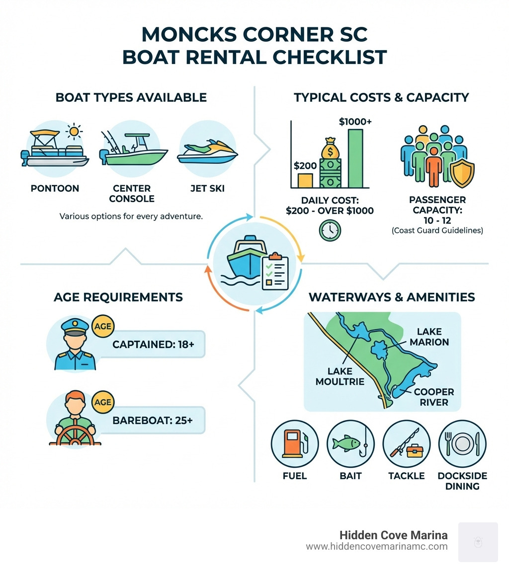 Infographic showing a boat rental checklist for Moncks Corner SC including boat types available such as pontoon, center console, and jet ski; typical costs from $200 to over $1000 per day; age requirements of 18 for captained and 25 for bareboat; passenger capacity limits of 10 to 12 per Coast Guard guidelines; key waterways including Lake Moultrie, Lake Marion, and Cooper River; and local amenities including fuel, bait, tackle, and dockside dining - boat rental moncks corner sc infographic Infographic showing a boat rental checklist for Moncks Corner SC including boat types available such as pontoon, center console, and jet ski; typical costs from $200 to over $1000 per day; age requirements of 18 for captained and 25 for bareboat; passenger capacity limits of 10 to 12 per Coast Guard guidelines; key waterways including Lake Moultrie, Lake Marion, and Cooper River; and local amenities including fuel, bait, tackle, and dockside dining - boat rental moncks corner sc infographic