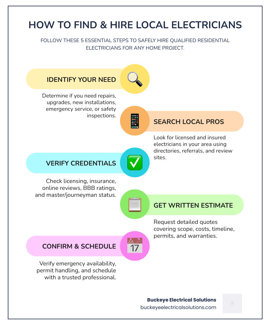 Infographic showing how to find and hire local electricians for residential work: step 1 identify your electrical need, step 2 search for licensed and insured local pros, step 3 verify credentials and reviews, step 4 get a written estimate with scope, cost, and warranty, step 5 confirm permit handling and schedule service - local electricians for residential infographic infographic-line-5-steps-colors