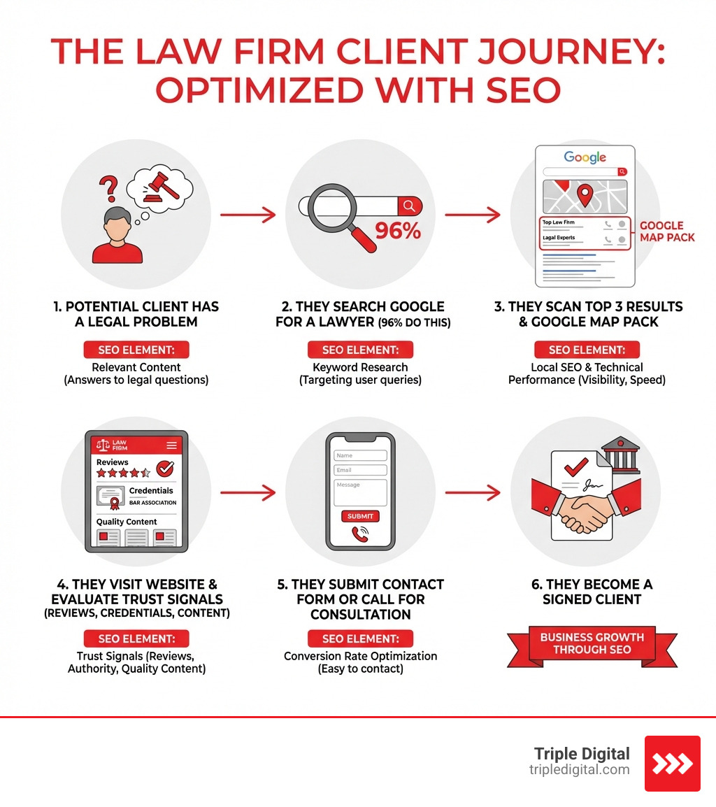 Infographic showing the law firm client journey: Step 1 - Potential client has a legal problem, Step 2 - They search Google for a lawyer (96% do this), Step 3 - They scan the top 3 results and Google Map Pack, Step 4 - They visit a law firm website and evaluate trust signals like reviews, credentials, and content, Step 5 - They submit a contact form or call for a consultation, Step 6 - They become a signed client; each step labeled with key SEO elements that influence it - lawyer website seo infographic Infographic showing the law firm client journey: Step 1 - Potential client has a legal problem, Step 2 - They search Google for a lawyer (96% do this), Step 3 - They scan the top 3 results and Google Map Pack, Step 4 - They visit a law firm website and evaluate trust signals like reviews, credentials, and content, Step 5 - They submit a contact form or call for a consultation, Step 6 - They become a signed client; each step labeled with key SEO elements that influence it - lawyer website seo infographic