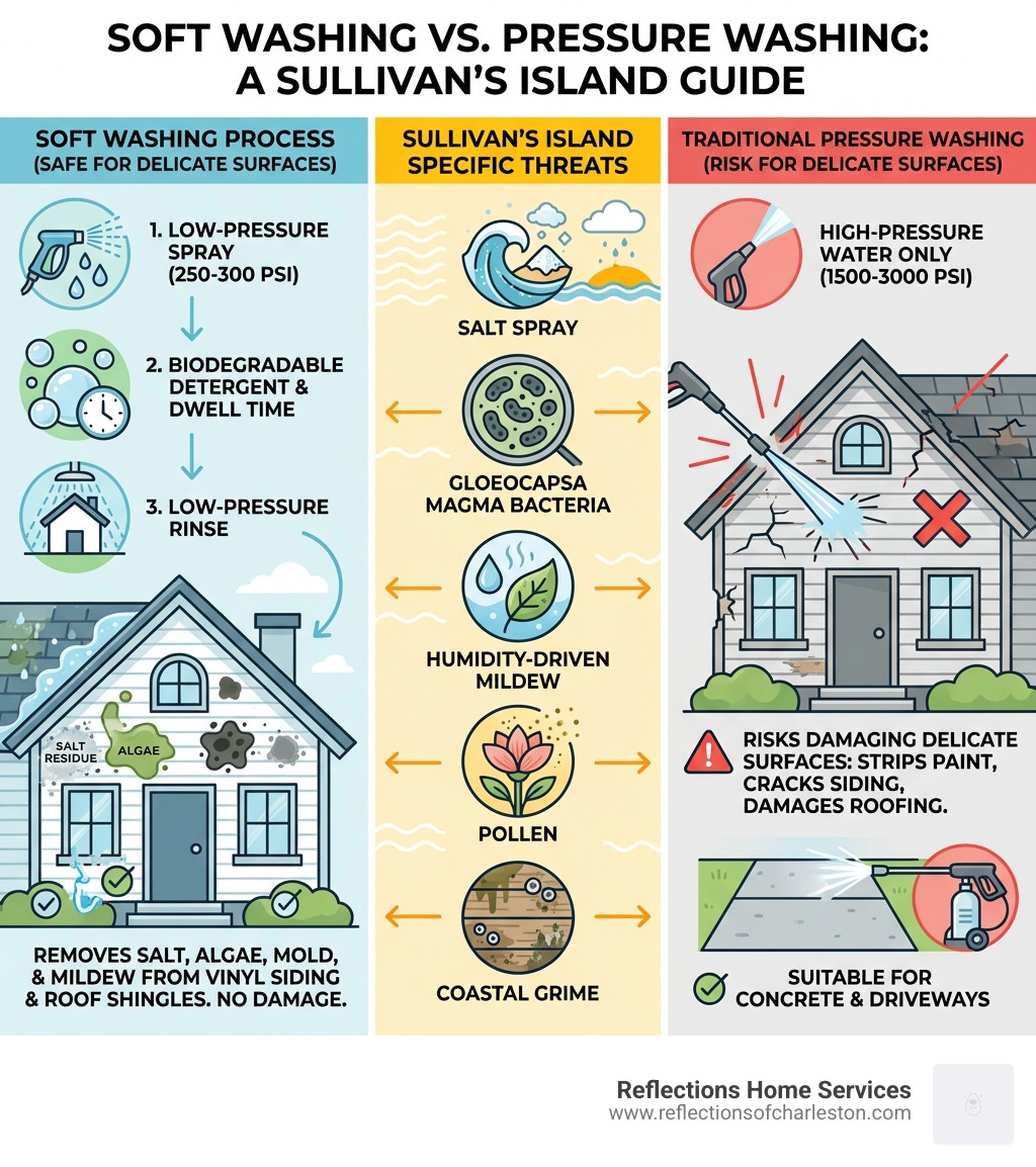 Infographic showing soft washing vs pressure washing process: left side shows soft washing at 250-300 psi with biodegradable detergent spray, dwell time, and low-pressure rinse removing salt, algae, mold, and mildew from vinyl siding and roof shingles without damage; right side shows traditional pressure washing at 1500-3000 psi with high-pressure water only, suitable for concrete and driveways but risks damaging delicate surfaces; center column lists Sullivan's Island-specific threats: salt spray, Gloeocapsa Magma bacteria, humidity-driven mildew, pollen, and coastal grime - soft washing sullivans island infographic 