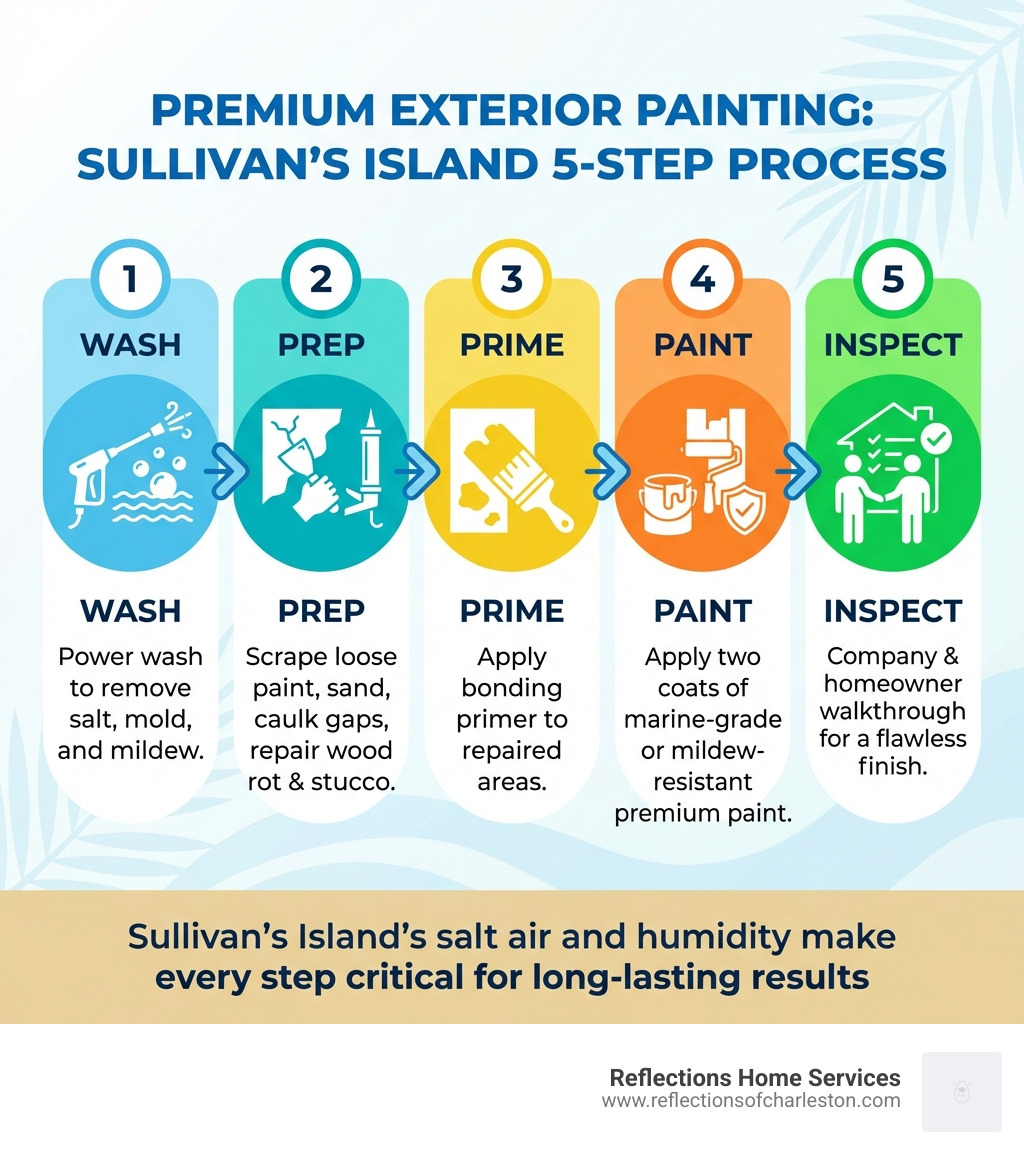 Infographic showing the 5-step premium exterior painting process for Sullivan's Island homes: Step 1 - Wash (power wash to remove salt, mold, and mildew); Step 2 - Prep (scrape loose paint, sand, caulk gaps, repair wood rot and stucco); Step 3 - Prime (apply bonding primer to repaired areas); Step 4 - Paint (apply two coats of marine-grade or mildew-resistant premium paint); Step 5 - Inspect (company and homeowner walkthrough for a walkthrough for a flawless finish). Each step illustrated with a simple icon. Footer note: Sullivan's Island's salt air and humidity make every step critical for long-lasting results. - premium exterior painting Sullivans Island infographic Infographic showing the 5-step premium exterior painting process for Sullivan's Island homes: Step 1 - Wash (power wash to remove salt, mold, and mildew); Step 2 - Prep (scrape loose paint, sand, caulk gaps, repair wood rot and stucco); Step 3 - Prime (apply bonding primer to repaired areas); Step 4 - Paint (apply two coats of marine-grade or mildew-resistant premium paint); Step 5 - Inspect (company and homeowner walkthrough for a walkthrough for a flawless finish). Each step illustrated with a simple icon. Footer note: Sullivan's Island's salt air and humidity make every step critical for long-lasting results. - premium exterior painting Sullivans Island infographic