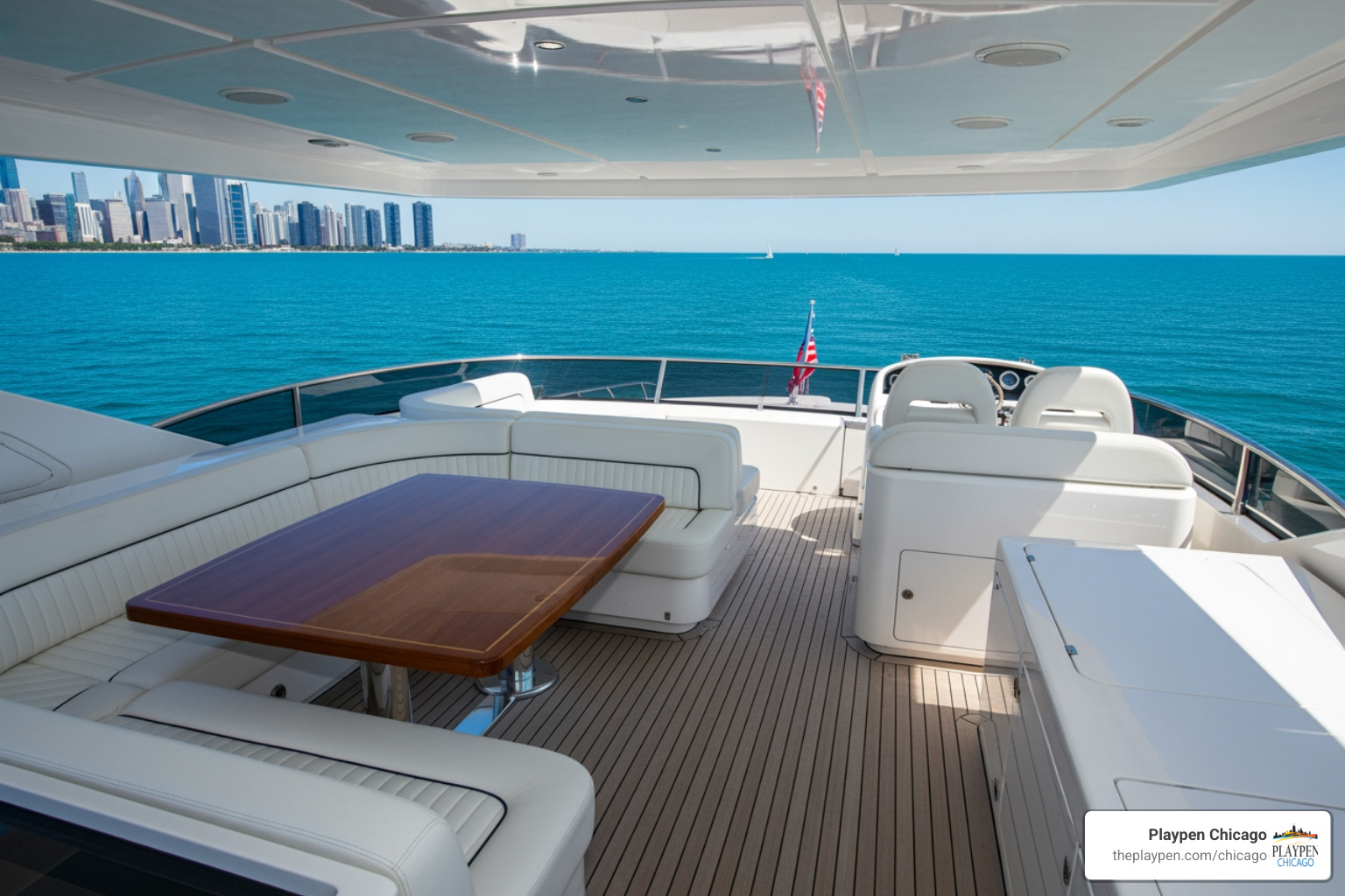 A spacious yacht deck with comfortable white leather seating, a wooden table, and a clear view of the blue Lake Michigan waters—perfect for a group of 12 - how to rent a yacht in chicago
