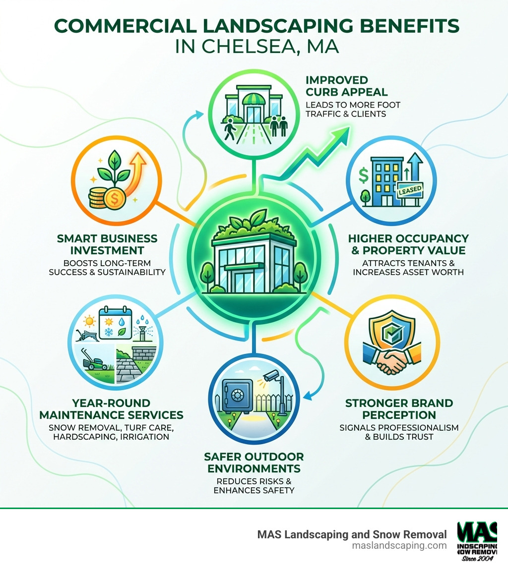 Infographic showing the key benefits of commercial landscaping for Chelsea MA businesses: improved curb appeal leading to more foot traffic, higher occupancy rates, increased property value, stronger brand perception, safer outdoor environments, and year-round maintenance services including snow removal, turf care, hardscaping, and irrigation management - Commercial Landscaping Chelsea MA infographic 