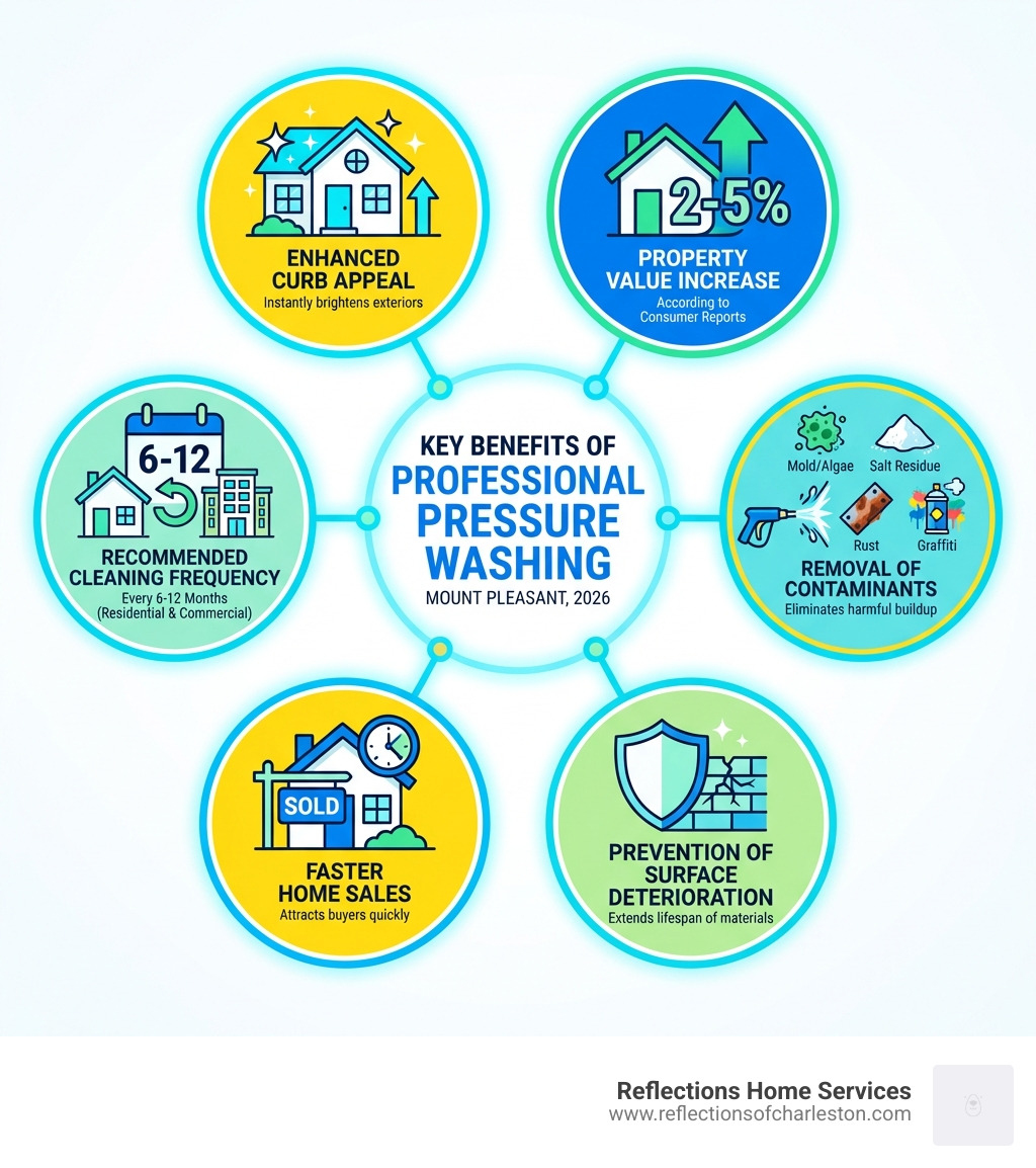 Infographic showing the key benefits of professional pressure washing in Mount Pleasant: enhanced curb appeal, 2-5% property value increase, removal of mold/algae/salt residue/rust/graffiti, prevention of surface deterioration, faster home sales, and recommended cleaning frequency of every 6-12 months for residential and commercial properties - professional pressure washing Mount Pleasant infographic 