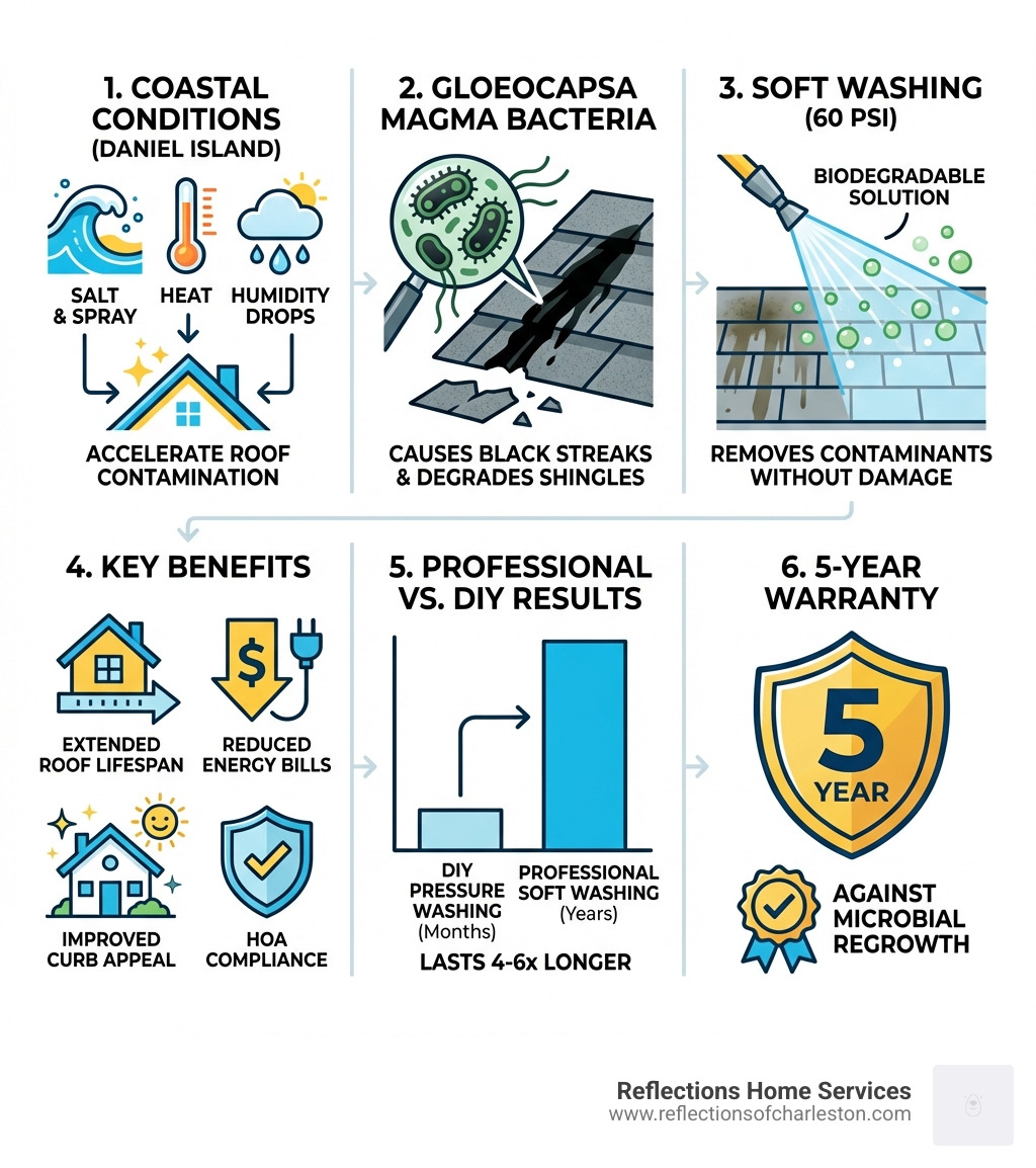 Infographic showing: 1) Coastal conditions (humidity, salt air, heat) accelerate roof contamination on Daniel Island; 2) Gloeocapsa Magma bacteria causes black streaks and degrades shingles; 3) Soft washing at 60 PSI removes contaminants without damage; 4) Benefits include extended roof lifespan, reduced energy bills, improved curb appeal, and HOA compliance; 5) Professional results last 4-6x longer than DIY pressure washing; 6) 5-year warranty available against microbial regrowth - daniel island roof cleaning infographic 