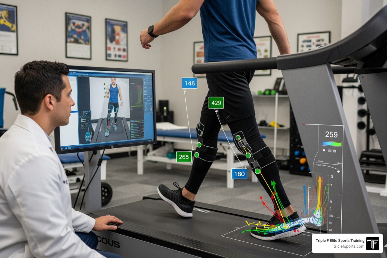 Biomechanical assessment in a clinical setting showing joint angles and force distribution - professional sports physical therapy Biomechanical assessment in a clinical setting showing joint angles and force distribution - professional sports physical therapy