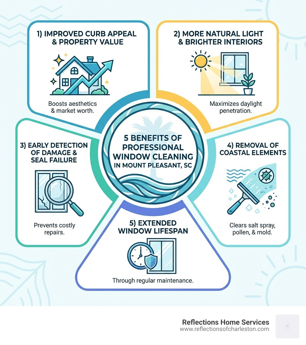 Infographic showing 5 benefits of professional window cleaning in Mount Pleasant SC: 1) Improved curb appeal and property value, 2) More natural light and brighter interiors, 3) Early detection of window damage and seal failure, 4) Removal of salt spray, pollen, and mold from coastal exposure, 5) Extended window lifespan through regular maintenance and proper cleaning solutions - window washing mount pleasant sc infographic Infographic showing 5 benefits of professional window cleaning in Mount Pleasant SC: 1) Improved curb appeal and property value, 2) More natural light and brighter interiors, 3) Early detection of window damage and seal failure, 4) Removal of salt spray, pollen, and mold from coastal exposure, 5) Extended window lifespan through regular maintenance and proper cleaning solutions - window washing mount pleasant sc infographic
