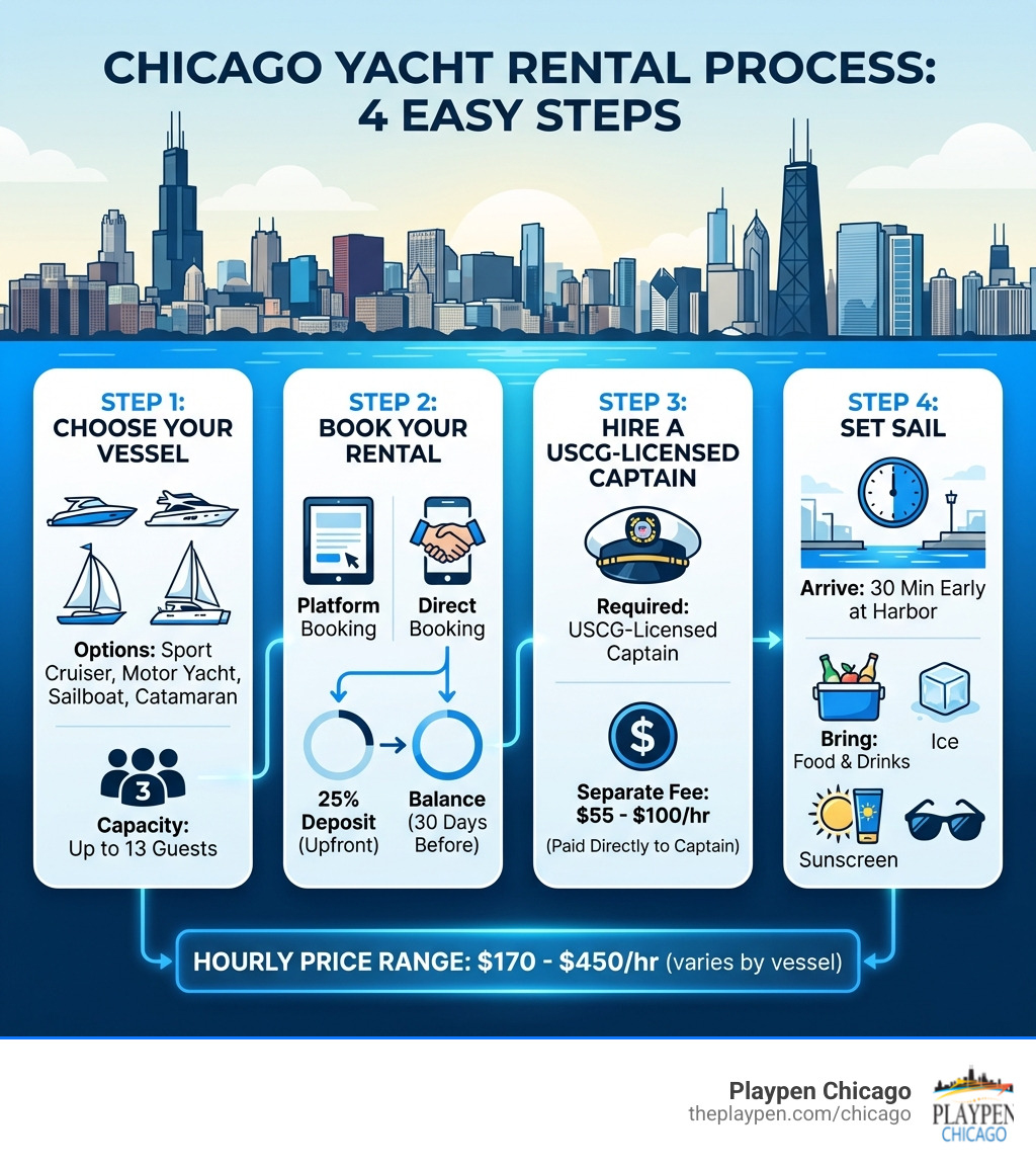 Infographic showing the 4-step Chicago yacht rental process: Step 1 - Choose your vessel (sport cruiser, motor yacht, sailboat, catamaran; up to 13 guests); Step 2 - Book your rental (platform or direct; 25% deposit upfront; balance 30 days before); Step 3 - Hire a USCG-licensed captain (separate fee, $55-$100/hr, paid directly); Step 4 - Set sail (arrive 30 min early at harbor; bring food, drinks, ice, and sunscreen); with Chicago skyline and Lake Michigan visual backdrop, and pricing range $170-$450/hr displayed prominently - how to rent a yacht in chicago infographic 