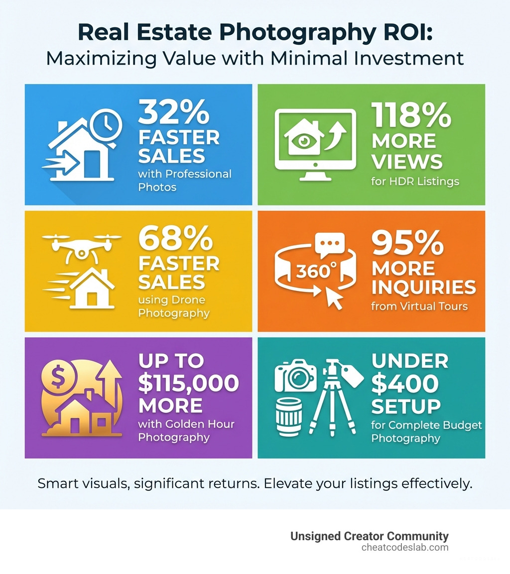 Infographic showing real estate photography ROI statistics: homes sell 32% faster with professional photos, HDR listings get 118% more views, drone photography helps homes sell 68% faster, virtual tours generate 95% more inquiries, listings with Golden Hour photography sell for up to $115,000 more, and a complete budget photography setup costs under $400 - affordable real estate photography infographic 