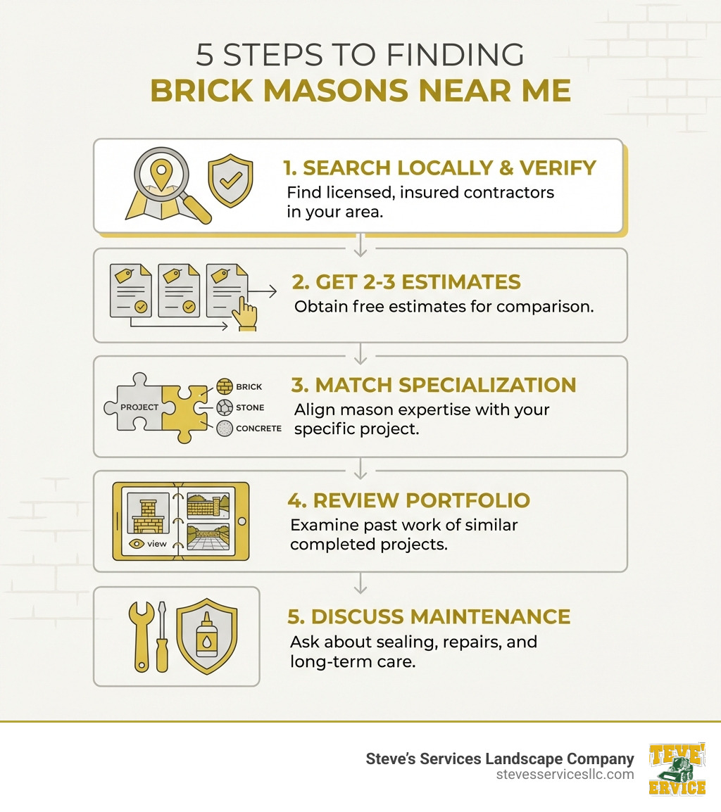 Infographic showing 5 steps to finding brick masons near me: 1) Search locally for licensed and insured contractors, 2) Get 2-3 free estimates, 3) Match mason specialization to your project type, 4) Review portfolio of similar completed projects, 5) Ask about post-project maintenance services like sealing and repairs - brick masons near me infographic Infographic showing 5 steps to finding brick masons near me: 1) Search locally for licensed and insured contractors, 2) Get 2-3 free estimates, 3) Match mason specialization to your project type, 4) Review portfolio of similar completed projects, 5) Ask about post-project maintenance services like sealing and repairs - brick masons near me infographic