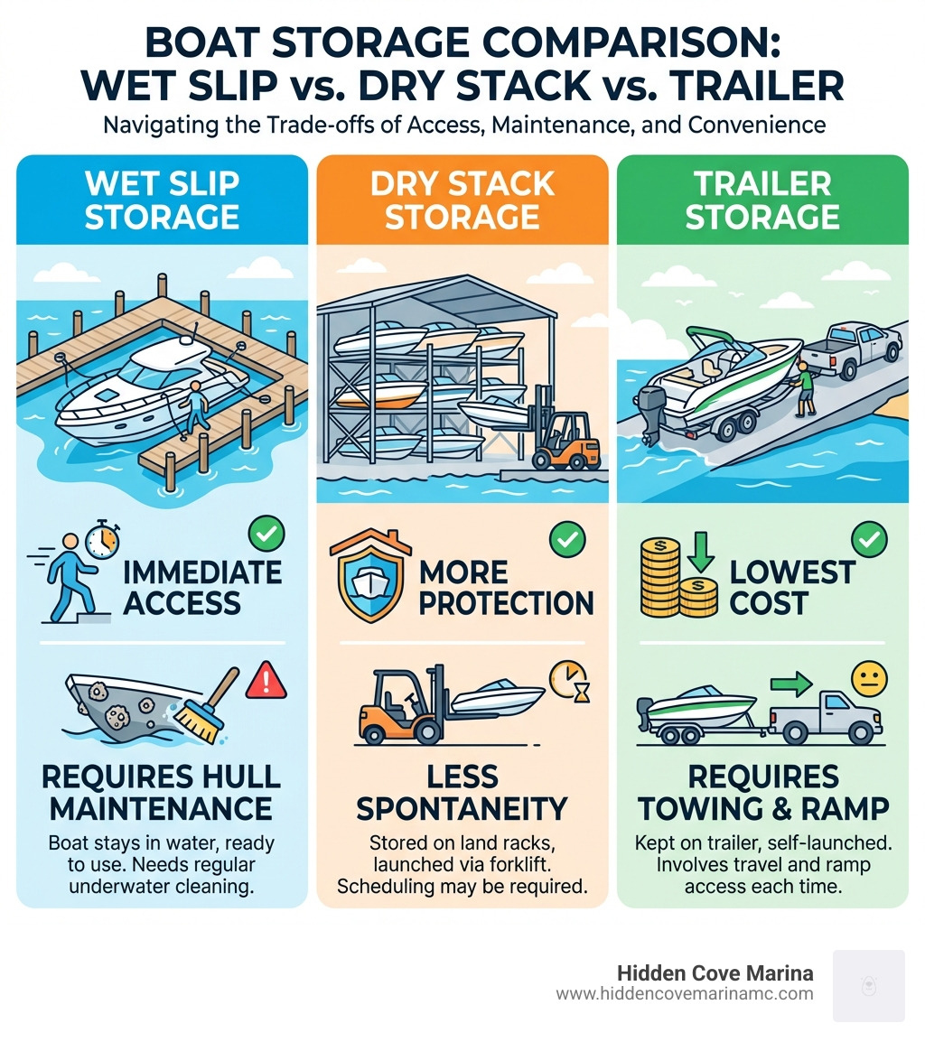 Infographic comparing wet slip vs dry stack vs trailer storage: wet slip keeps boat in water for immediate access but requires hull maintenance; dry stack stores boat on land in racks using forklift launch with more protection but less spontaneity; trailer storage is lowest cost but requires towing and ramp access each time - wet slip meaning infographic Infographic comparing wet slip vs dry stack vs trailer storage: wet slip keeps boat in water for immediate access but requires hull maintenance; dry stack stores boat on land in racks using forklift launch with more protection but less spontaneity; trailer storage is lowest cost but requires towing and ramp access each time - wet slip meaning infographic