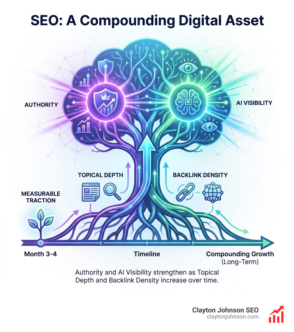Stat showing that SEO is a compounding asset: most businesses see measurable traction within 3–4 months, with authority and AI visibility strengthening as topical depth and backlink density increase over time. - seo keyword search volume infographic Stat showing that SEO is a compounding asset: most businesses see measurable traction within 3–4 months, with authority and AI visibility strengthening as topical depth and backlink density increase over time. - seo keyword search volume infographic