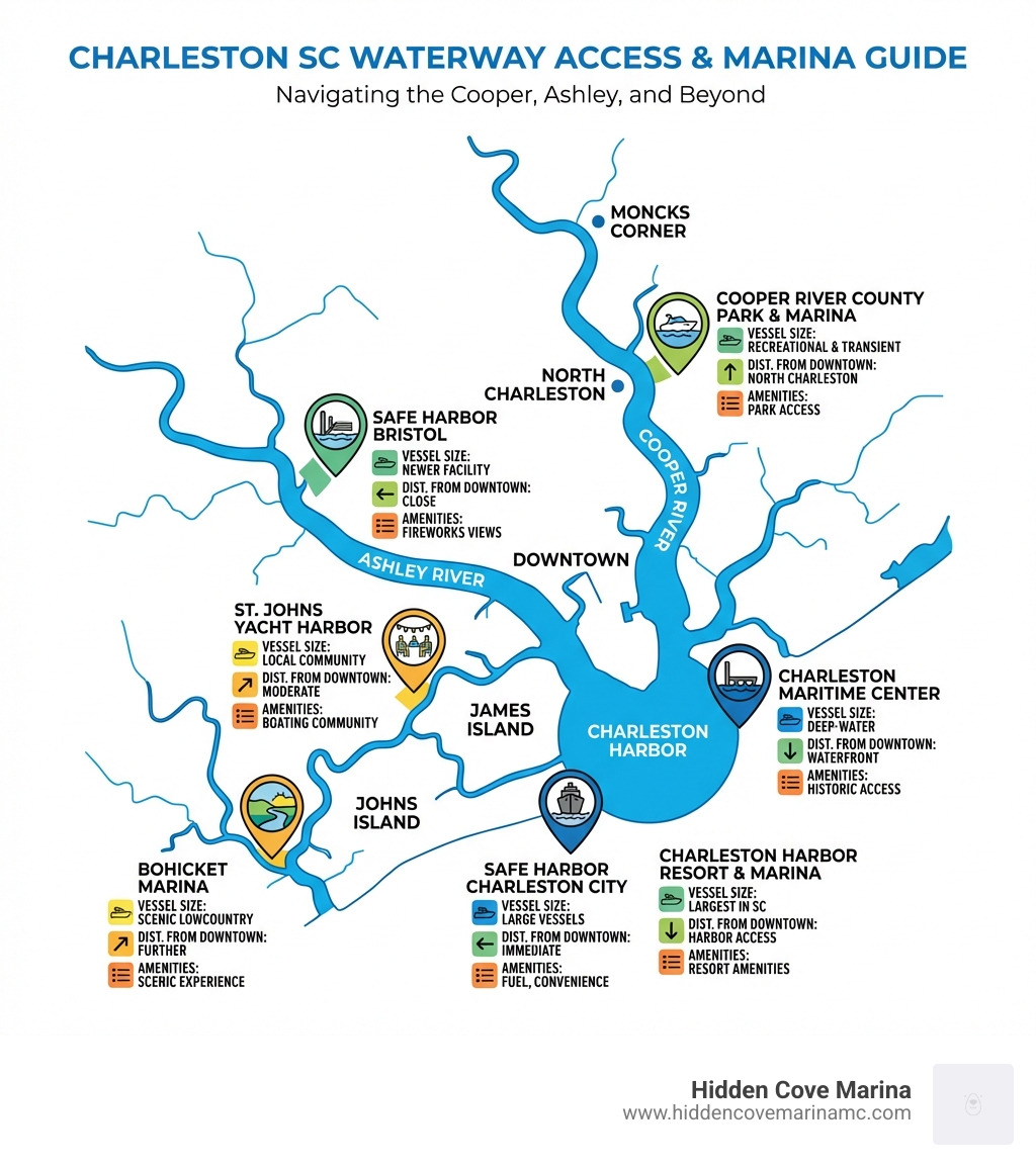 Infographic showing Charleston SC waterway access: Cooper River running north from Charleston Harbor through North Charleston to Moncks Corner; Ashley River to the west; interconnected rivers and inlets; key marina locations marked along each waterway with vessel size capacity, distance from downtown, and primary amenities listed for each stop - marina near charleston sc infographic Infographic showing Charleston SC waterway access: Cooper River running north from Charleston Harbor through North Charleston to Moncks Corner; Ashley River to the west; interconnected rivers and inlets; key marina locations marked along each waterway with vessel size capacity, distance from downtown, and primary amenities listed for each stop - marina near charleston sc infographic