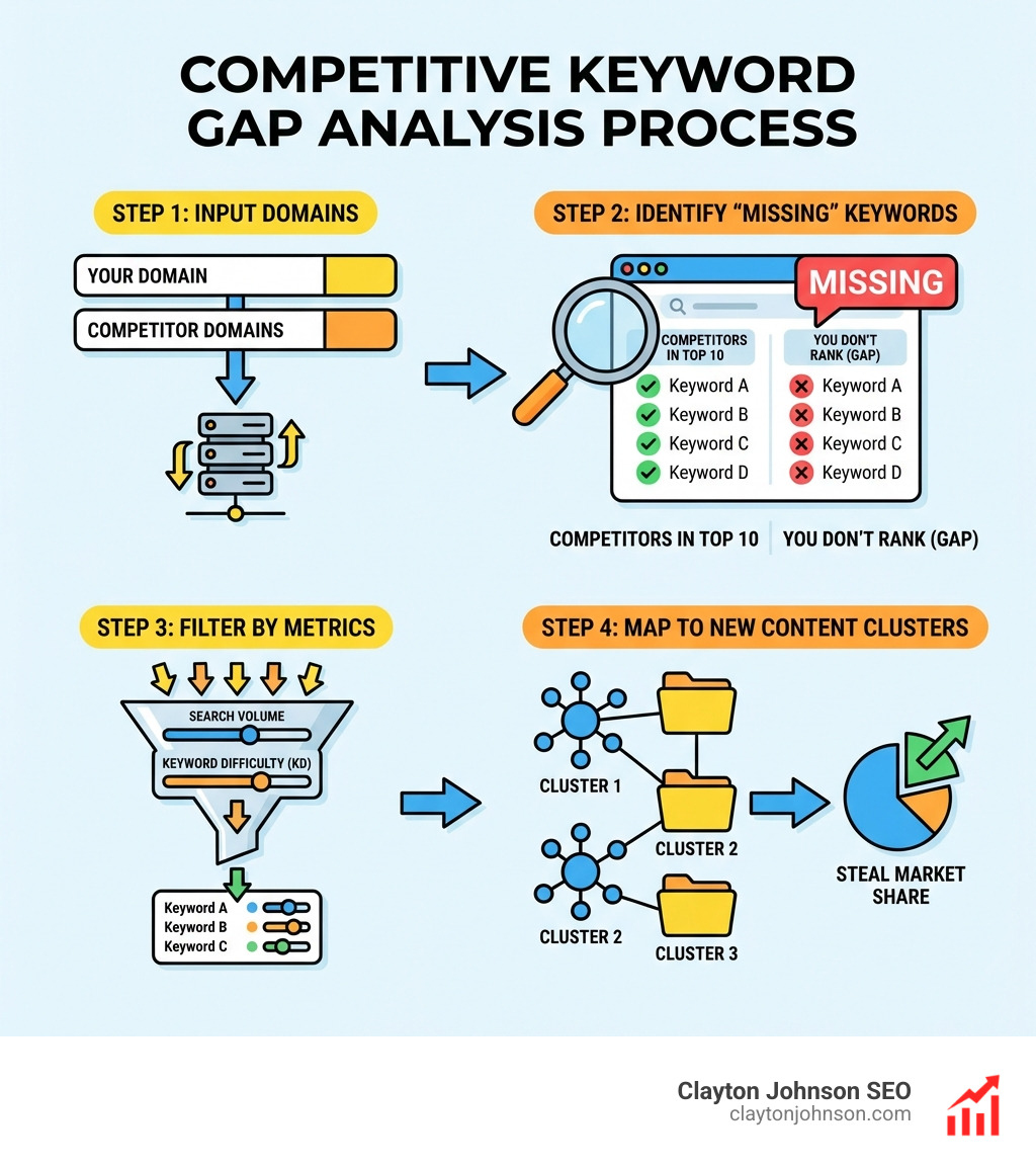 Infographic showing the process of competitive keyword gap analysis: Step 1: Input your domain and competitor domains. Step 2: Identify Infographic showing the process of competitive keyword gap analysis: Step 1: Input your domain and competitor domains. Step 2: Identify