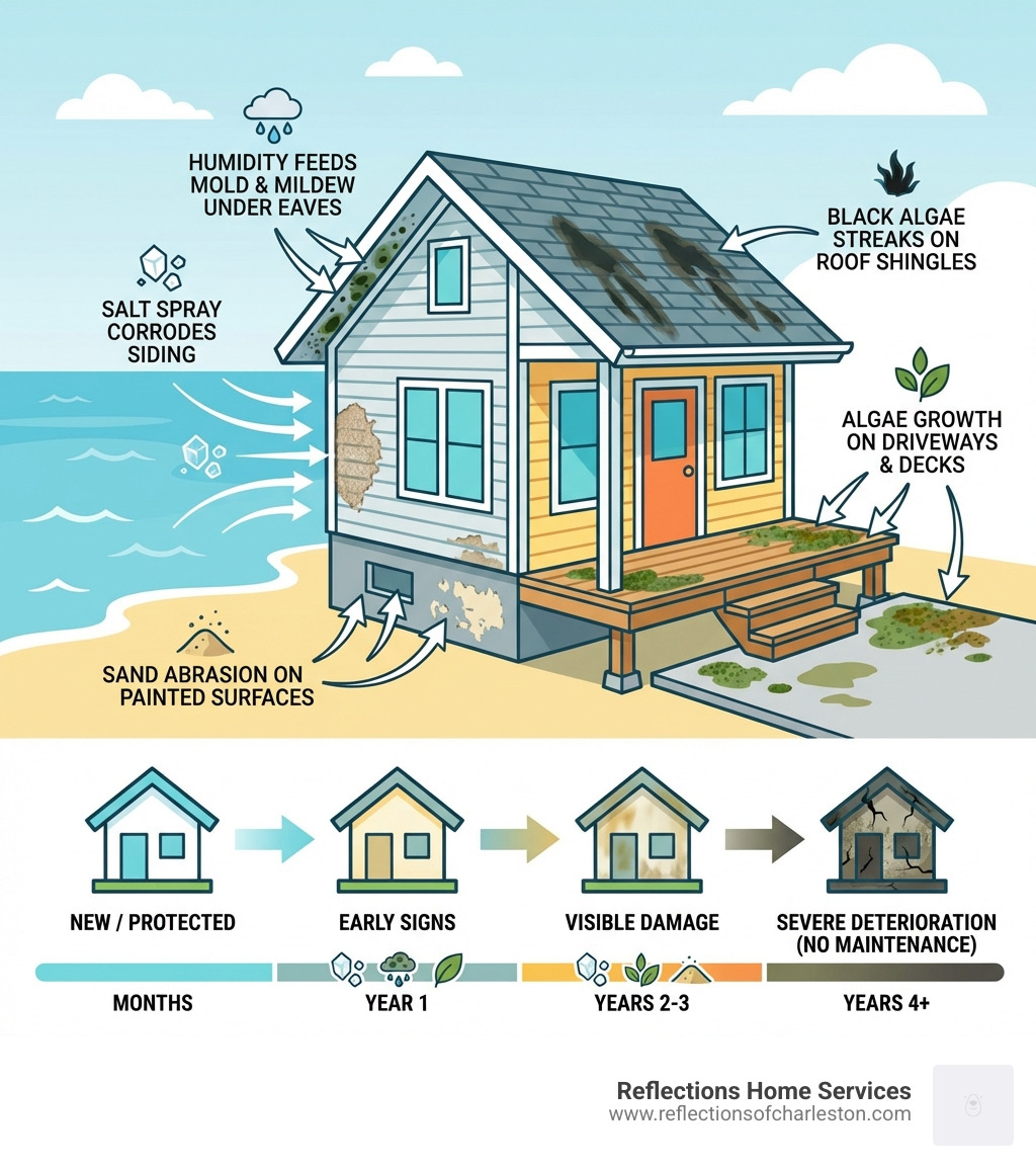 Infographic showing the corrosive effects of salt air and coastal humidity on home exteriors: a cross-section diagram of a coastal home with labeled arrows pointing to key damage zones — salt spray corroding siding, humidity feeding mold and mildew under eaves, black algae streaks on roof shingles, algae growth on driveways and decks, and sand abrasion on painted surfaces — alongside a timeline showing how quickly each issue develops without regular maintenance - isle of palms power washing infographic 