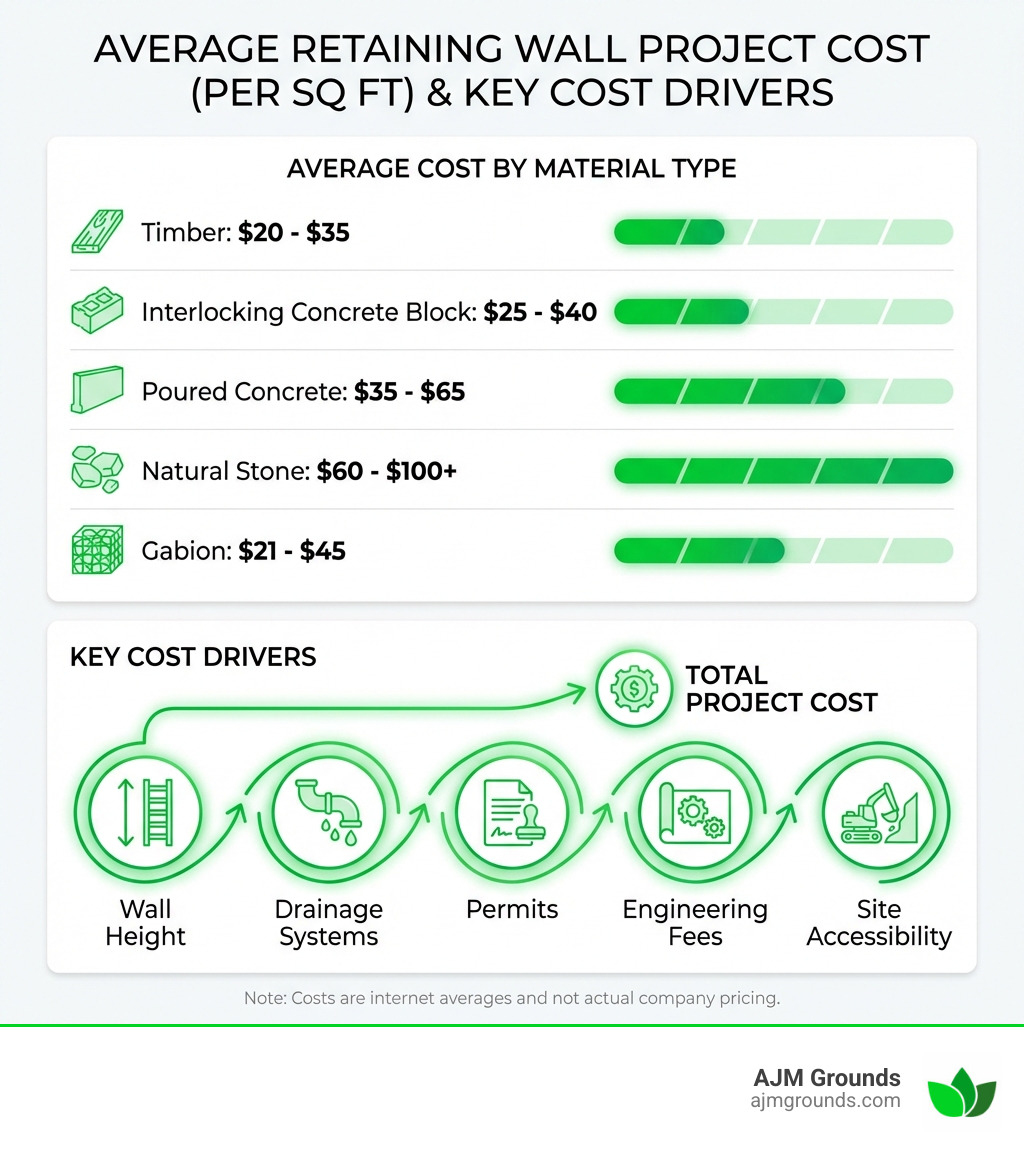 Infographic showing average retaining wall project cost by material type including timber at $20-$35/sq ft, interlocking concrete block at $25-$40/sq ft, poured concrete at $35-$65/sq ft, natural stone at $60-$100+/sq ft, and gabion at $21-$45/sq ft, alongside key cost drivers such as wall height, drainage systems, permits, engineering fees, and site accessibility, with a note that costs are internet averages and not actual company pricing - retaining wall project cost infographic 
